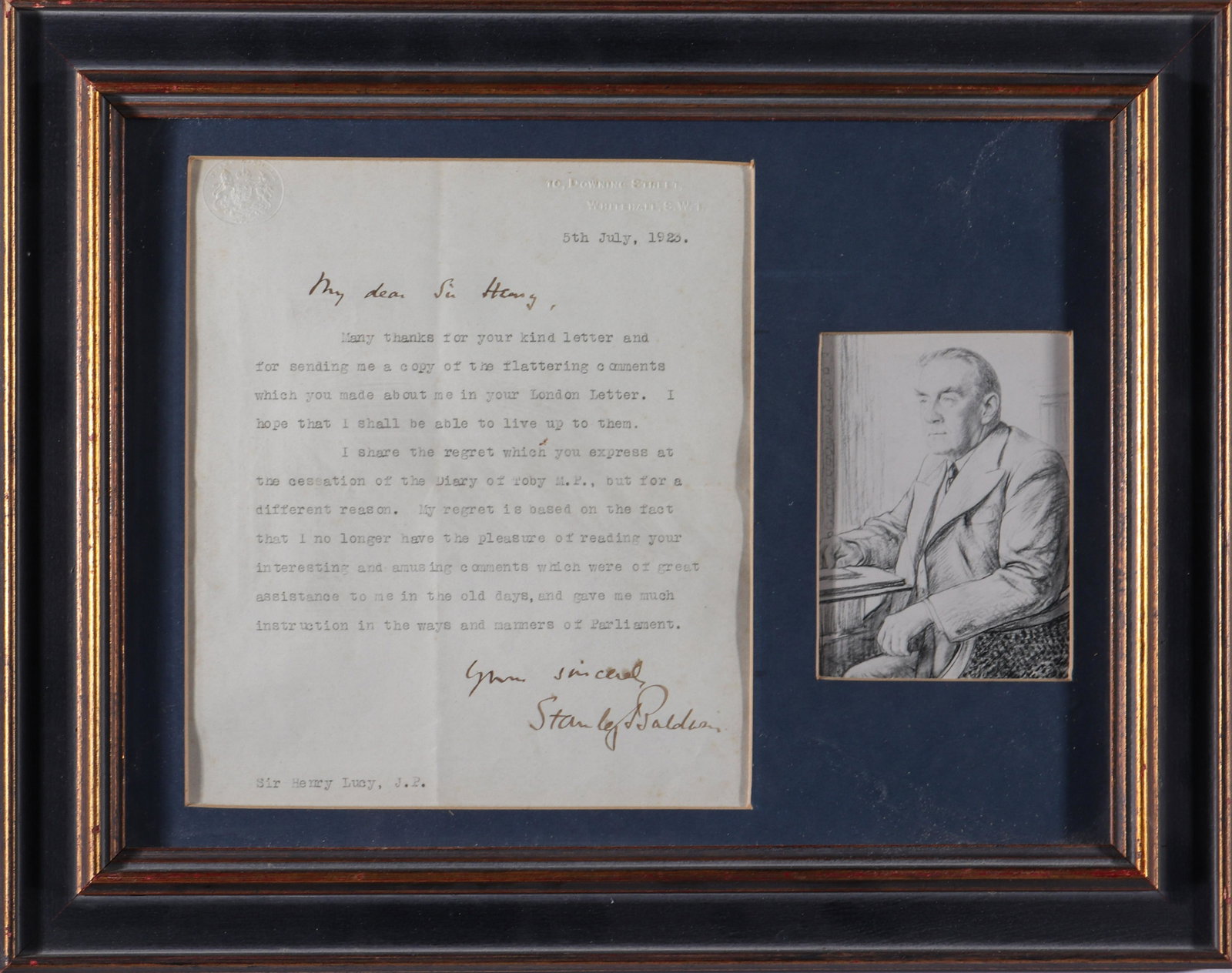 Stanley Baldwin Framed Signed Letter: Stanley Baldwin autograph letter, circa 1923, the letter addressed to “My dear Sir Henry” typed and signed on 10 Downing Street letterhead, stamped upper left with the Prime Minister’s seal abov
