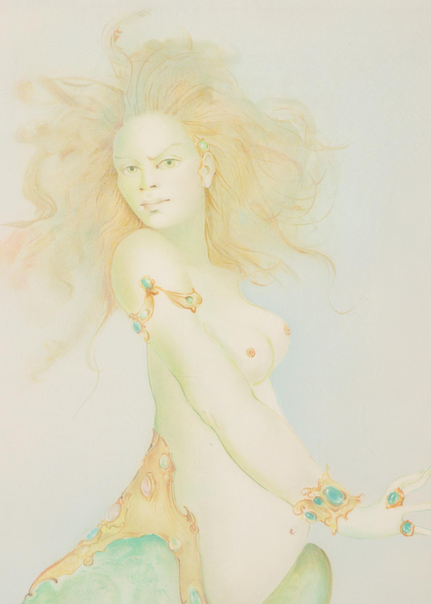 Leonor Fini Mythical Creature Lithograph: Leonor Fini lithograph. Image: 25" H x 19" W; frame: 32" H x 25.5" W x 1.25" D.