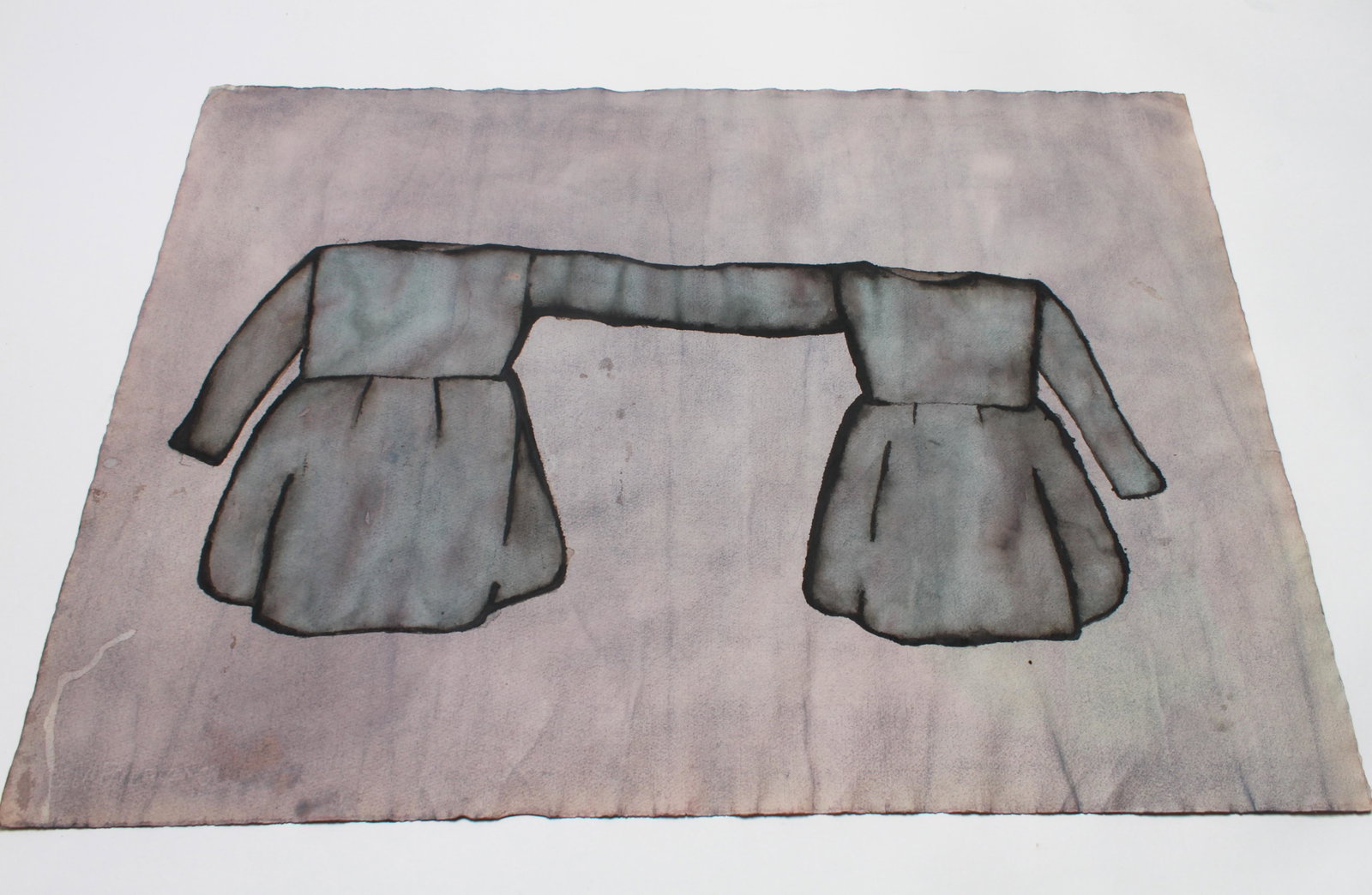 Illegibly Signed "Twin Dresses" Watercolor: Illegibly signed "Twin dresses," illegible signature and dated on reverse: "... 3/93," watercolor on watermarked: "C.M. Fabriano," paper, unframed. 22.25" H x 30.5" W. Surface wear to edges and blemis