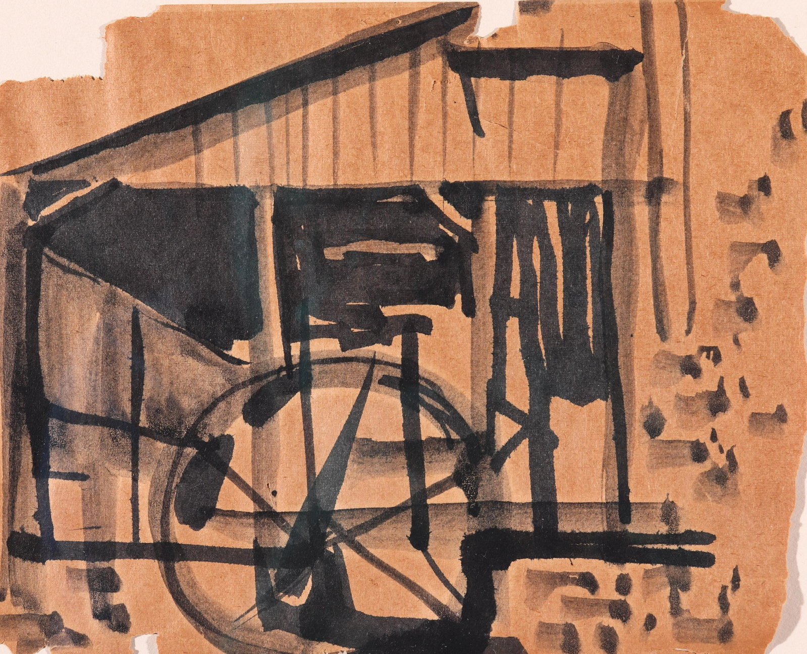 Modern "Wheel" Ink on Brown Paper Sketch: Modern ink on brown paper sketch depicting wheel against building, floating mount in shadowbox frame. Image: 6" H x 7.25" W; frame: 8.75" H x 10.75" W x 1.5" D. From the Estate of architect Hugh Hardy