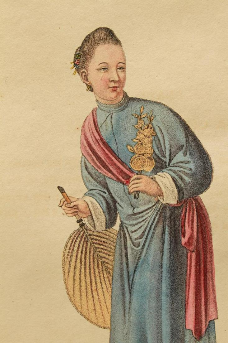After Pu-Qua, "Chinese Woman"- Etching: Chinese woman, after 18th century Pu-Qua original, depicting a standing woman in blue traditional garb with pink sash, bouquet and fan, colored etching on paper, published by W. Miller, Old Bond Stree