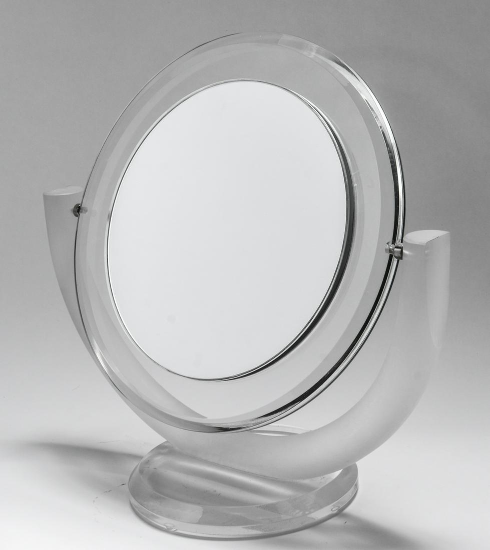 Vanity Mirror with Frosted Acrylic Stand, Vintage: Vintage modern round vanity mirror with frosted and clear lucite stand. 11.75" H x 12" W x 6" D.