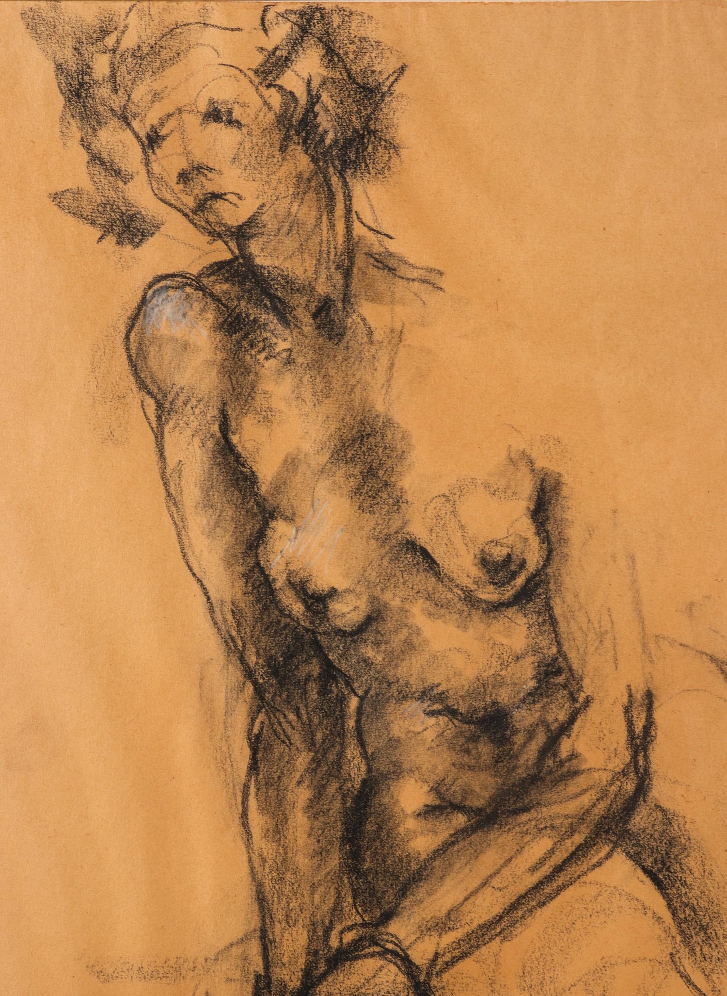 Charcoal Nude Female Figure Study Monogrammed ES: Charcoal drawing on buff paper, white chalk highlights, study of a seated female nude, monogrammed in pencil lower right: "ES." Image: 21.5" H x 17.5" W; frame: 22.25" H x 18.25" W x 0.75" D. Waving t