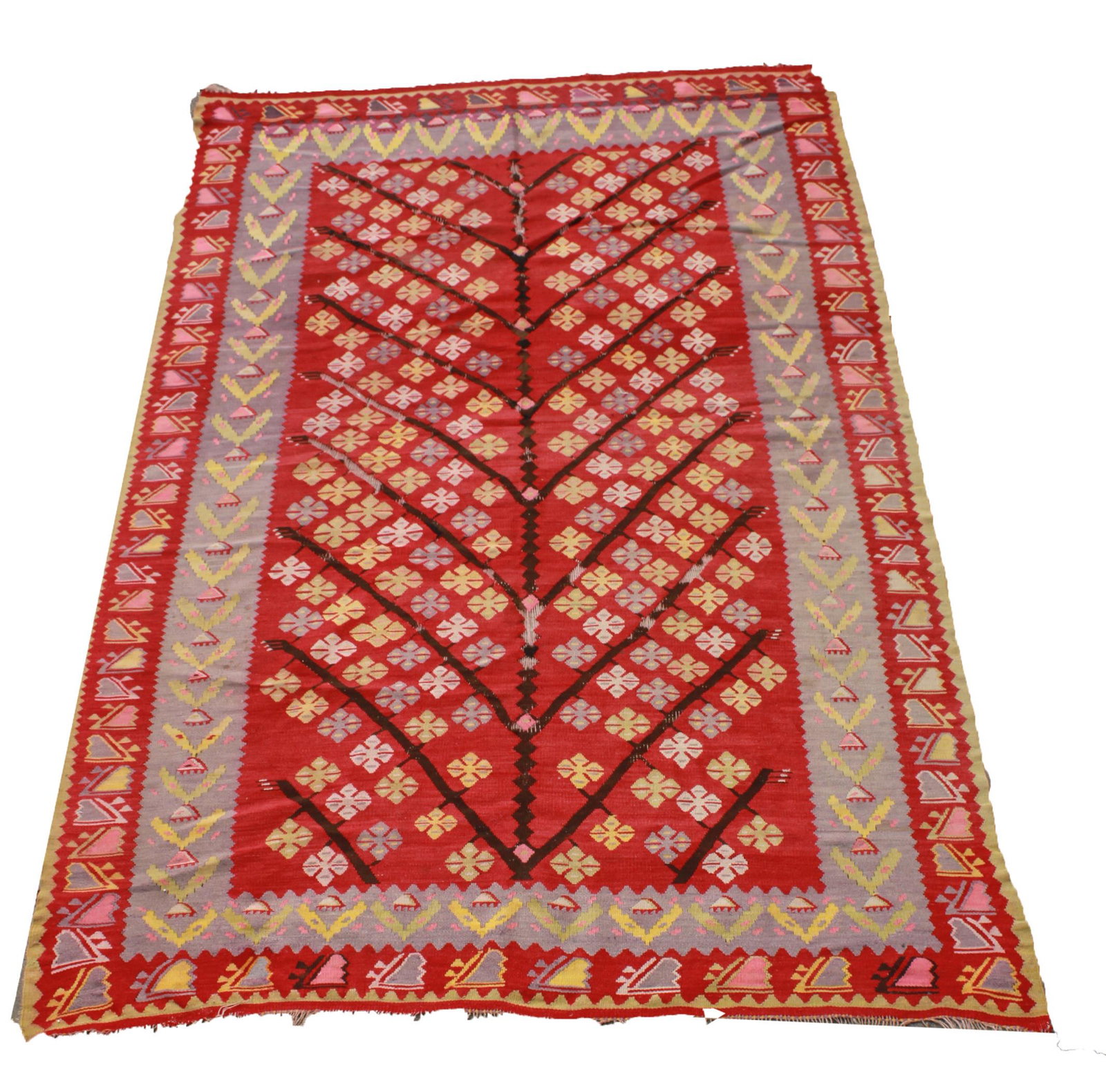Persian/Turkish Qashqai Wove Kilim, 6'3" X 9'9": Persian/Turkish Qashqai wove kilim, bearing all-over tree design with floral rosettes in red, yellow, pink and grey. 6'3" X 9'9". Wear throughout and soiling.