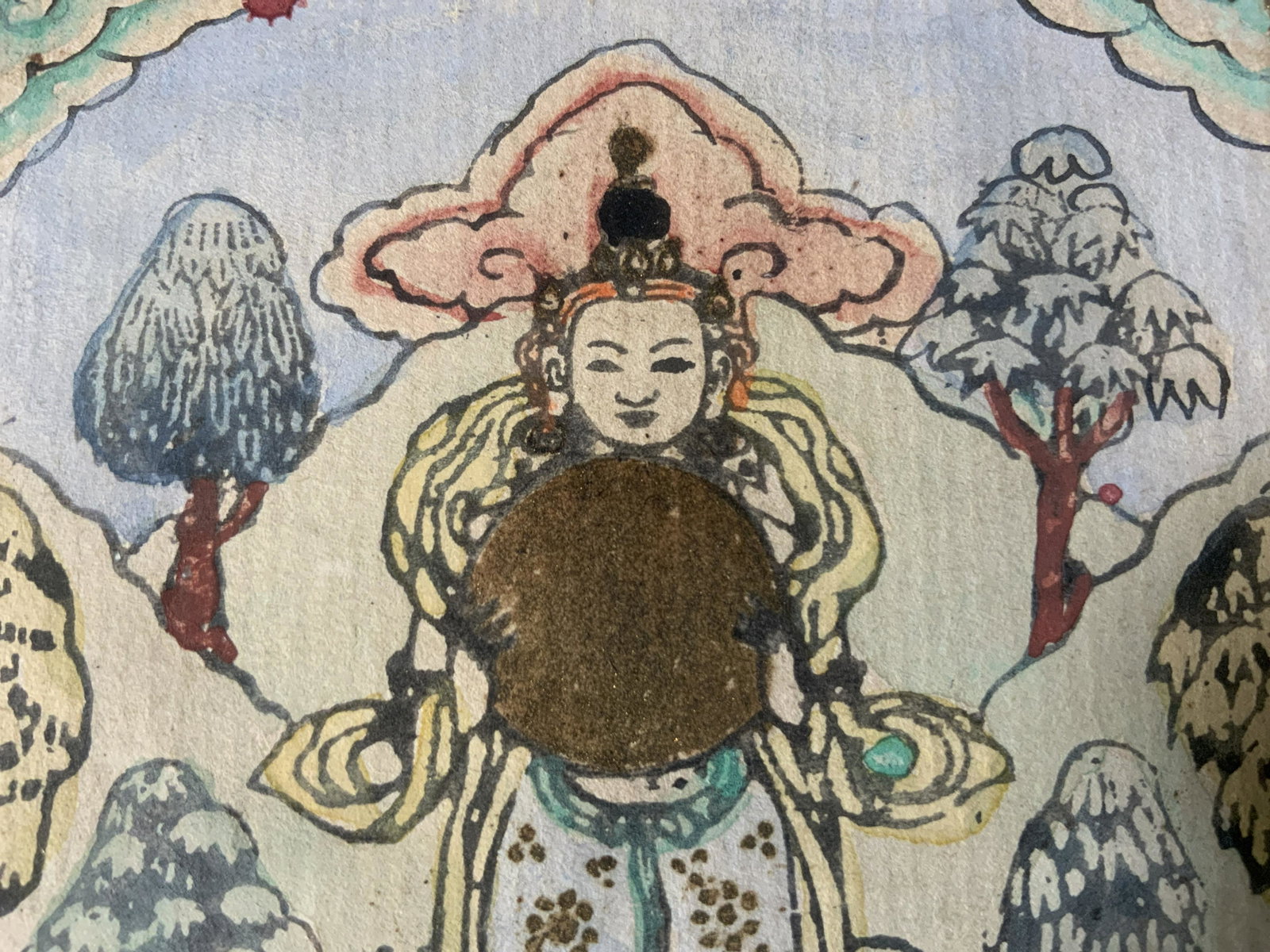 Tibetan Tsakli Painting Artwork: Tibetan Tsakli Painting, label to reverse reads ‘Ursula Hobson Fine Art Framing’, subject a Buddhist figure, measures 12 3/8 x 11 1/8 inches, wooden frame, surface wear to frame, professionally fr