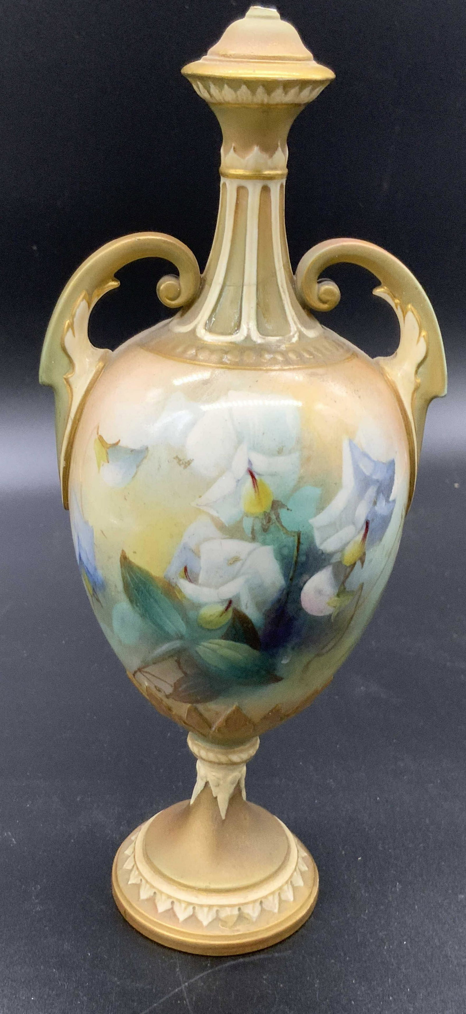 Vintage ROYAL WORCESTER Sign Porcelain Empire Urn: A vintage porcelain empire urn. Piece is painted with florals and gilt line work. Twin handles adorn each side. Underside numbered and stamped ROYAL WORCESTER. Chips to top and underside. Approx. 9H x