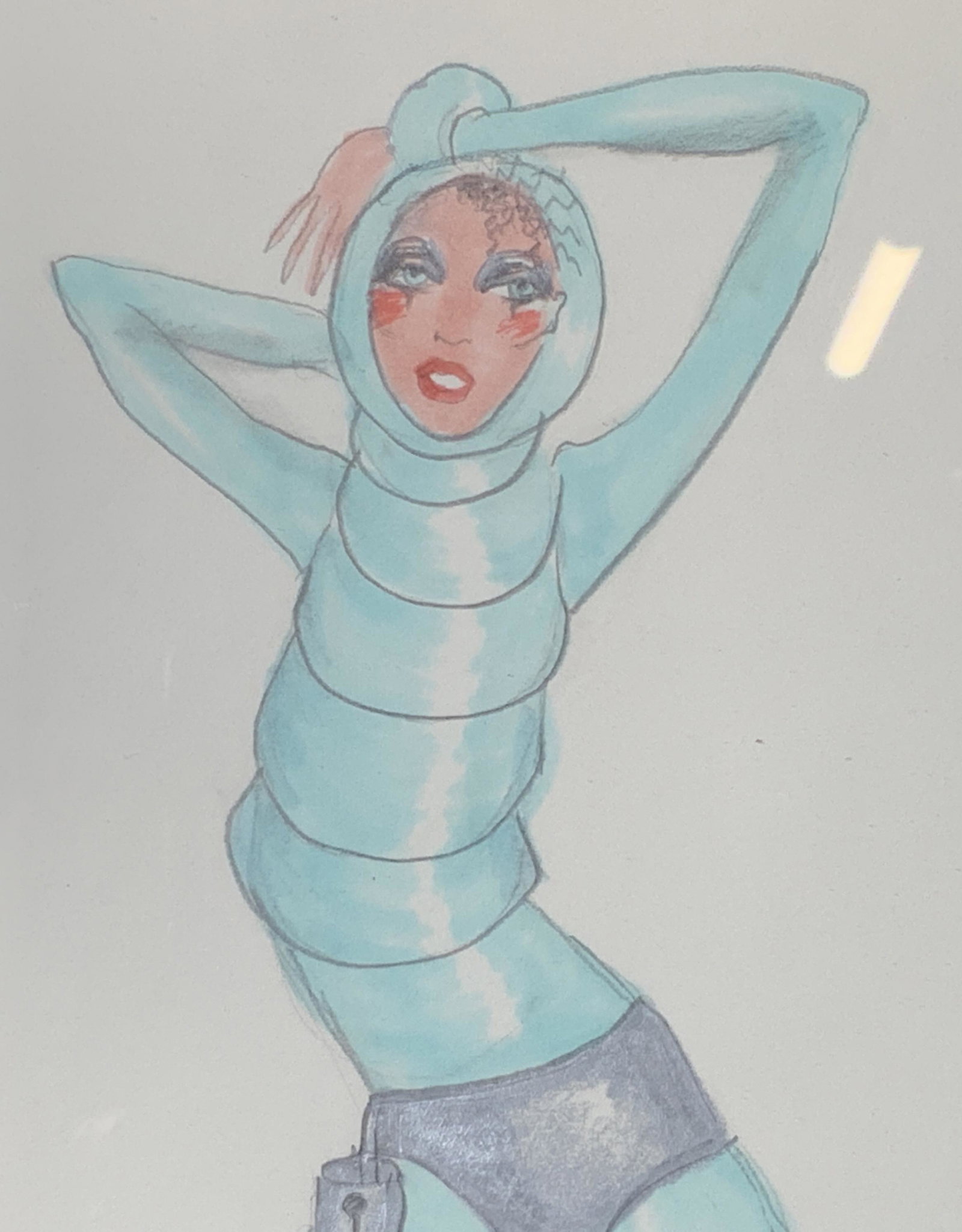 SUZANNE SCHWEDOCK Signed Fashion Illustration: Suzanna Schwedock signed fashion illustration, signature to lower center border, subject a female figure in a light blue full body suit silver heels and chastity belt, gilt wood frame, measures 15.75 