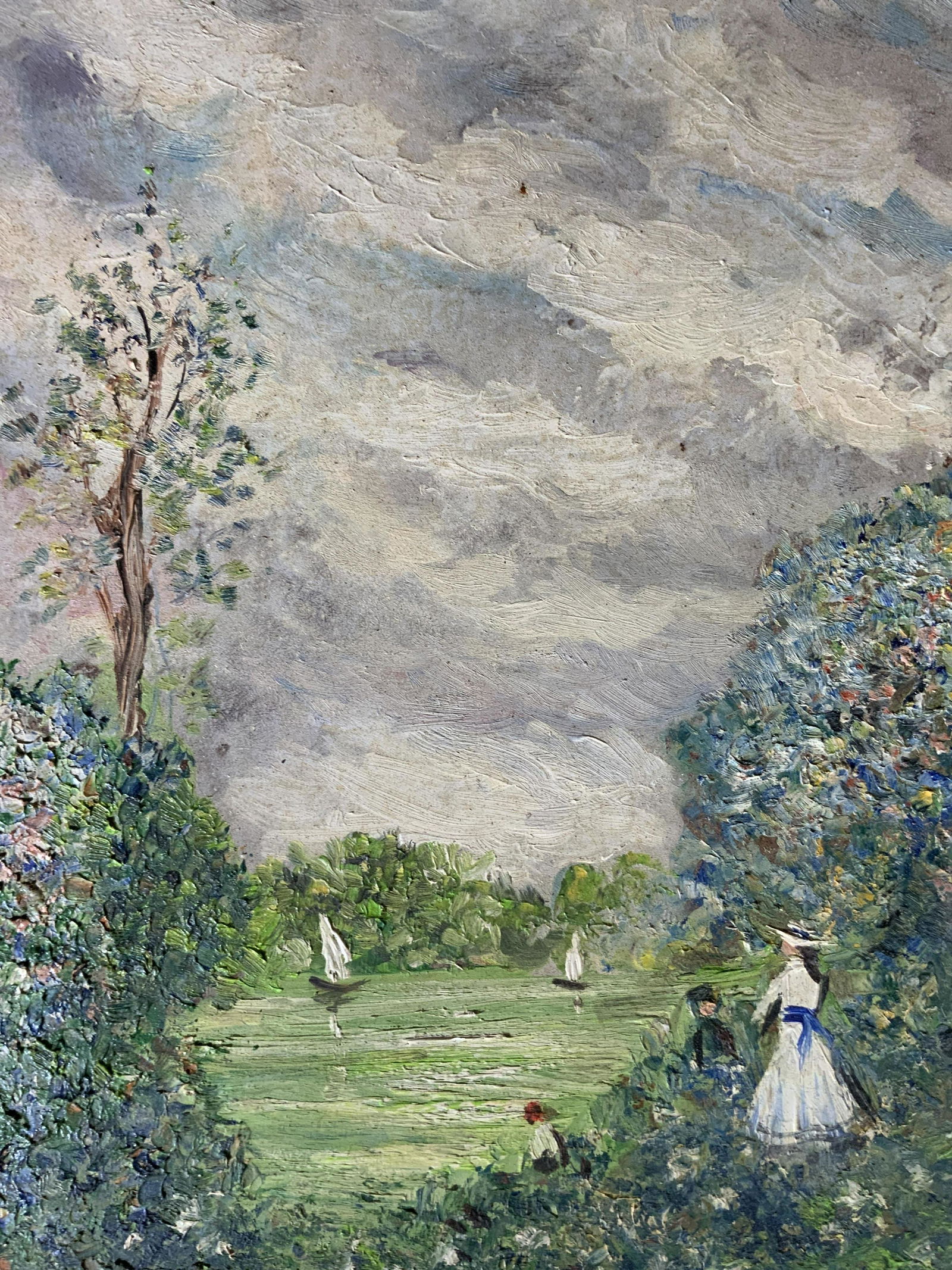 SIMONE Signed Oil Painting Artwork: SIMONE Signed Oil on Masonite Painting, signature to lower left reads ‘Simone’, label to reverse reads ‘Vanderbilt Art Framing’, subject people on the banks of a body of water, measures 23 5/8