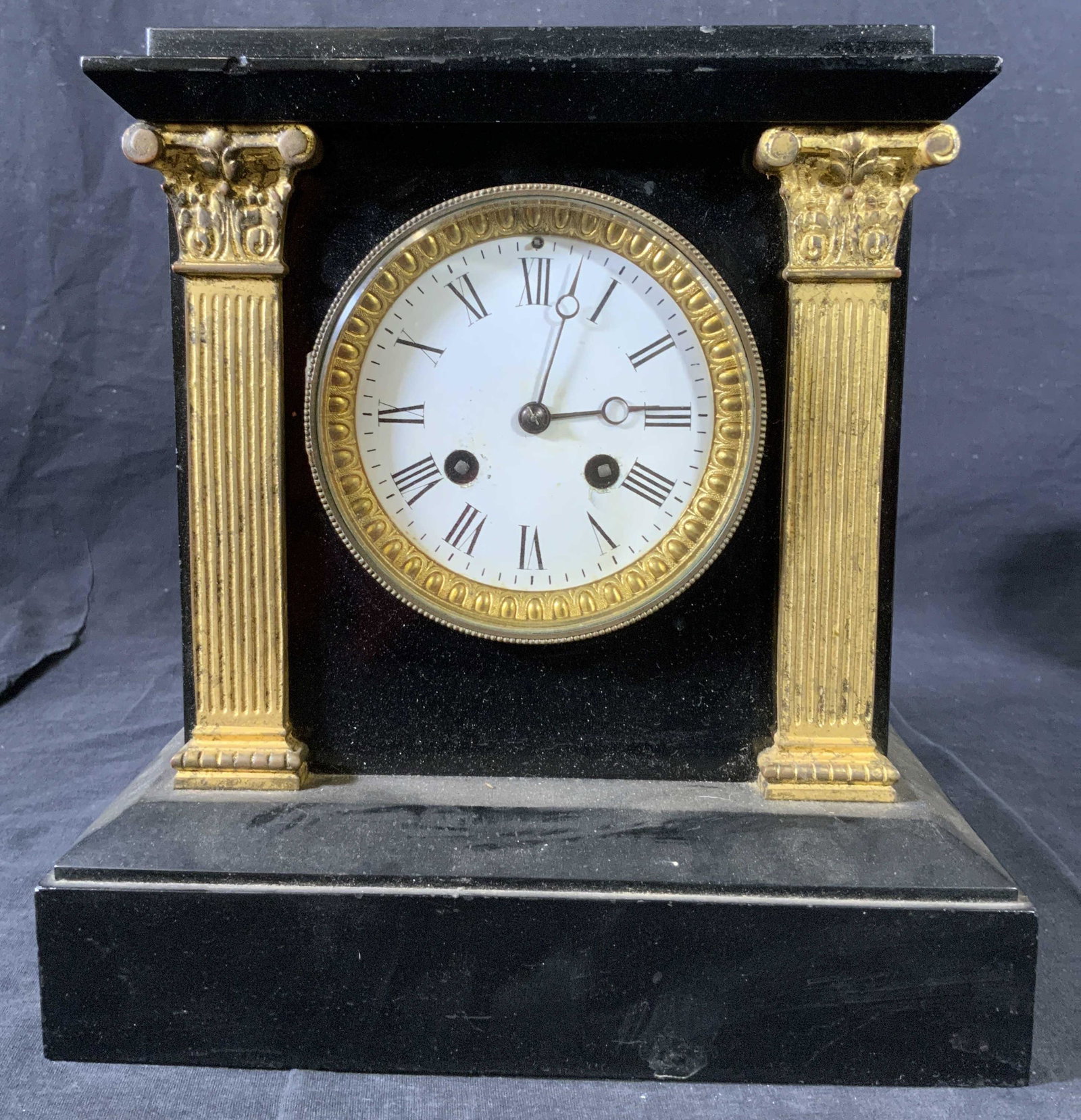 Vintage Columned Slate Mantel Clock: Vintage Columned Slate Mantel Clock, inscription reads ‘112G’, measures 10 14/ x 9 3/4 inches, some surface wear and chips to stone, Vintage, vintage clock, mantel clock, mantel clock, time piece,