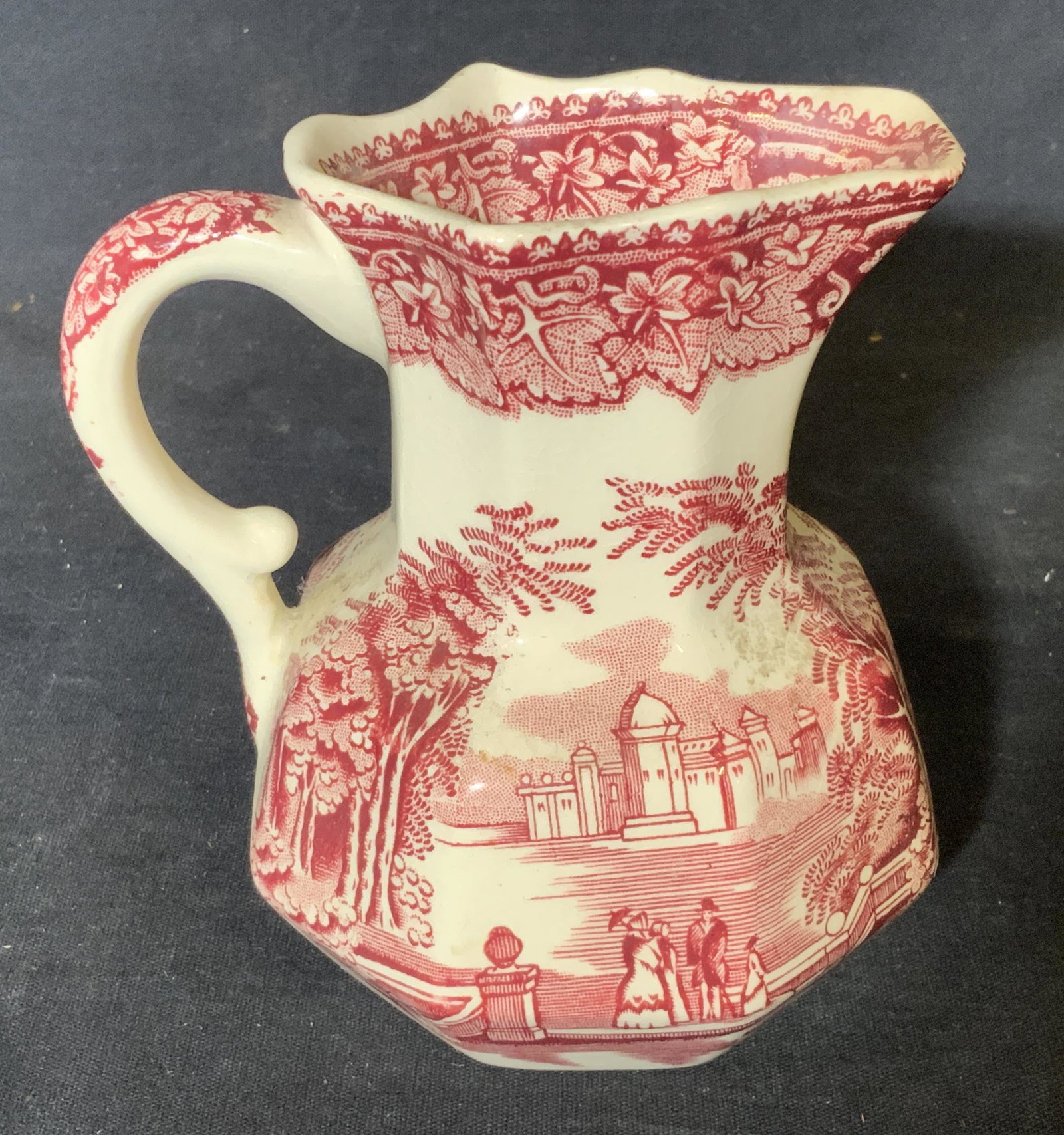 Mason’s Ironstone Porcelain Creamer: Mason’s Ironstone porcelain creamer, underside of piece reads ‘Mason’s Patent Ironstone, vista made in England, permanent detergent proof decoration’, pictorial scenes to surface with vine des