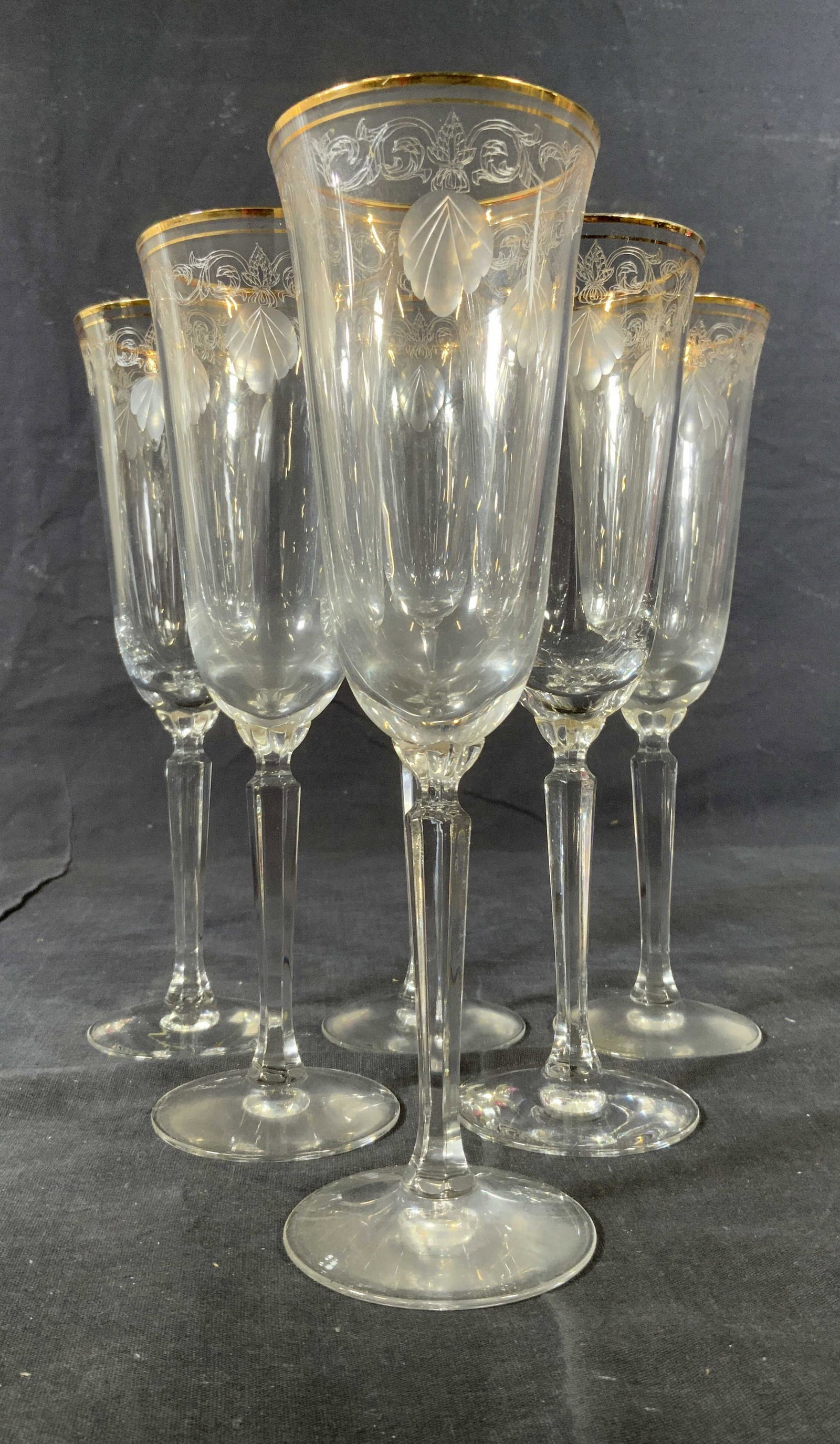 Set 6 Etched Crystal Champagne Flutes: Set 6 Etched Crystal Champagne Flutes, no apparent inscriptions or marks, all measure 8 3/4 inches tall x 2 5/8 inches at widest point, some surface wear to pieces, Set, crystal, crystal ware, champag