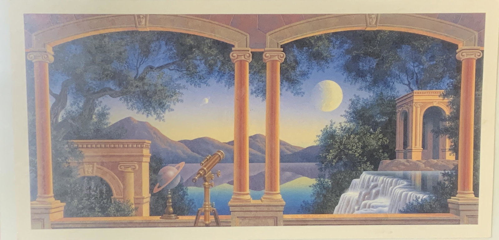 Offset Lithograph of Balcony Scene, Artwork: Offset lithograph of balcony scene, no apparent inscriptions or signatures, subject a balcony scene with a telescope and Saturn in the sky, white matting, wooden frame, measures 7 inches tall by 13 in