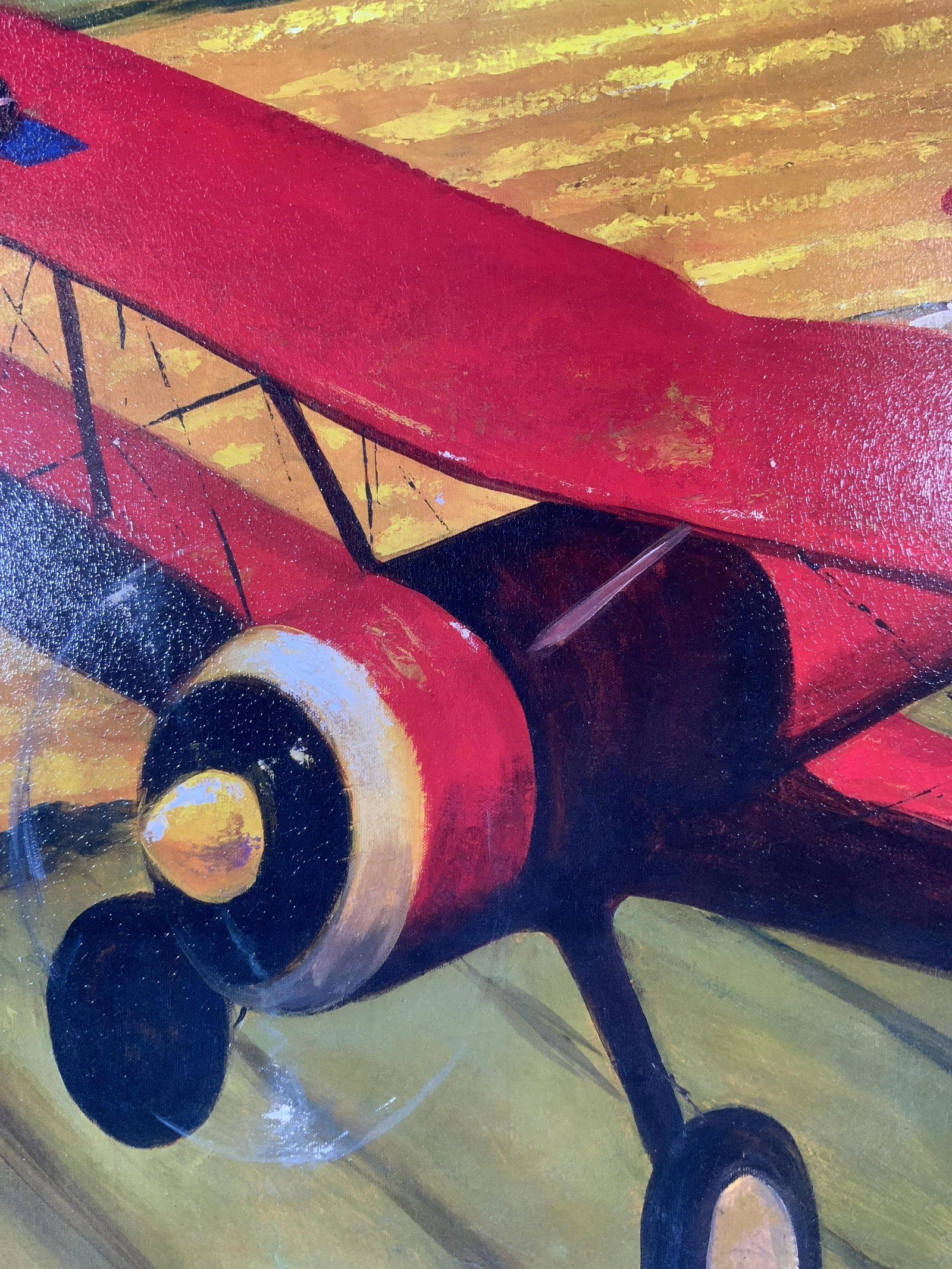 Digital Print of Airplane over Field, Artwork: Digital Print of Airplane over Field, inscription to lower right illegible, subject a biplane over a field, measures 24 3/4 x 24 3/4 inches, black composite frame, some surface wear to frame, professi