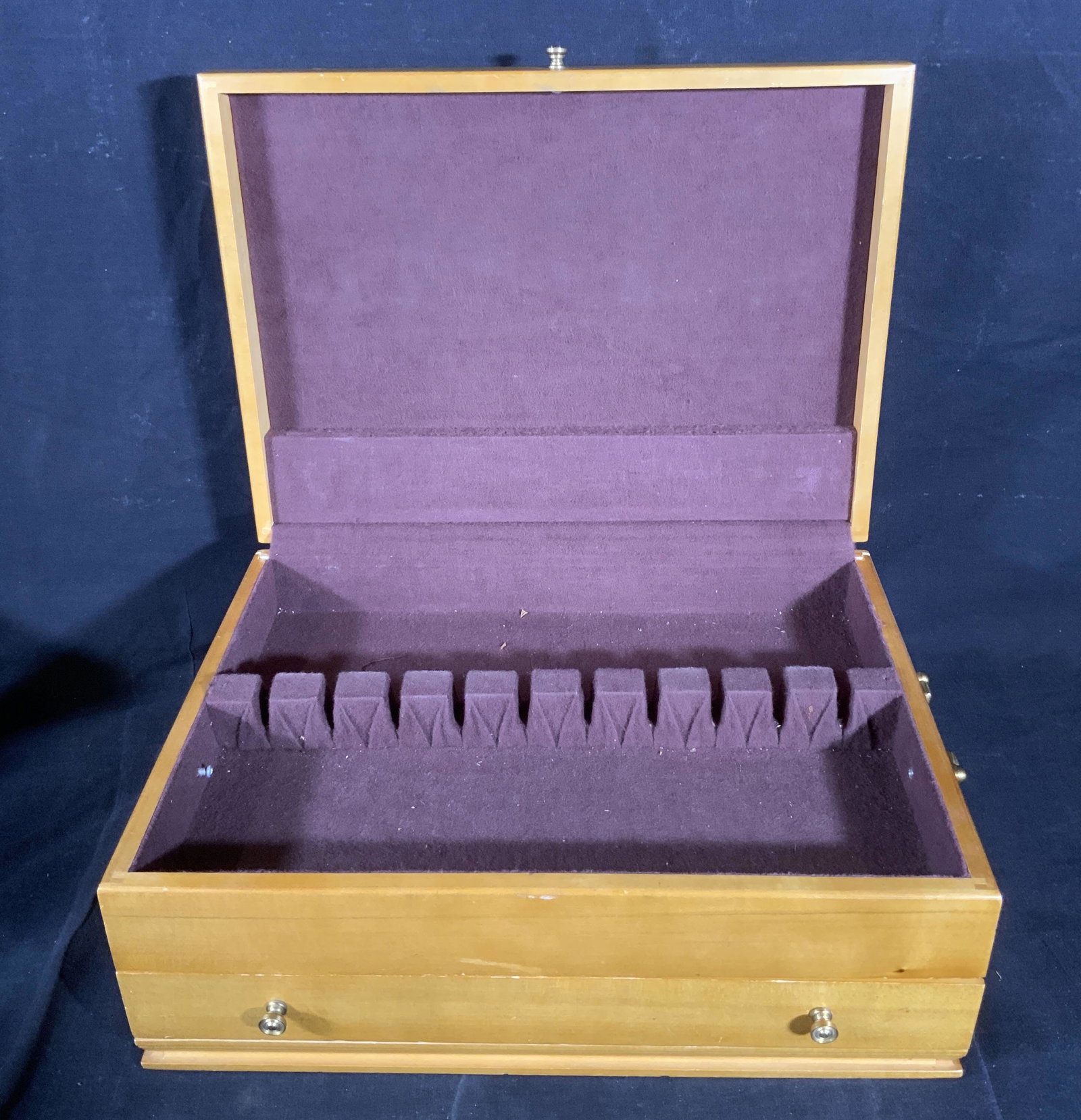 Wooden Silverware Chest: Wooden Silverware Chest, label to base reads ‘Inspect by’, measures 5 1/2 inches tall x 14 3/4 inches at widest point, surface wear to piece, bottom drawer has a tight fit, missing one handle, Woo