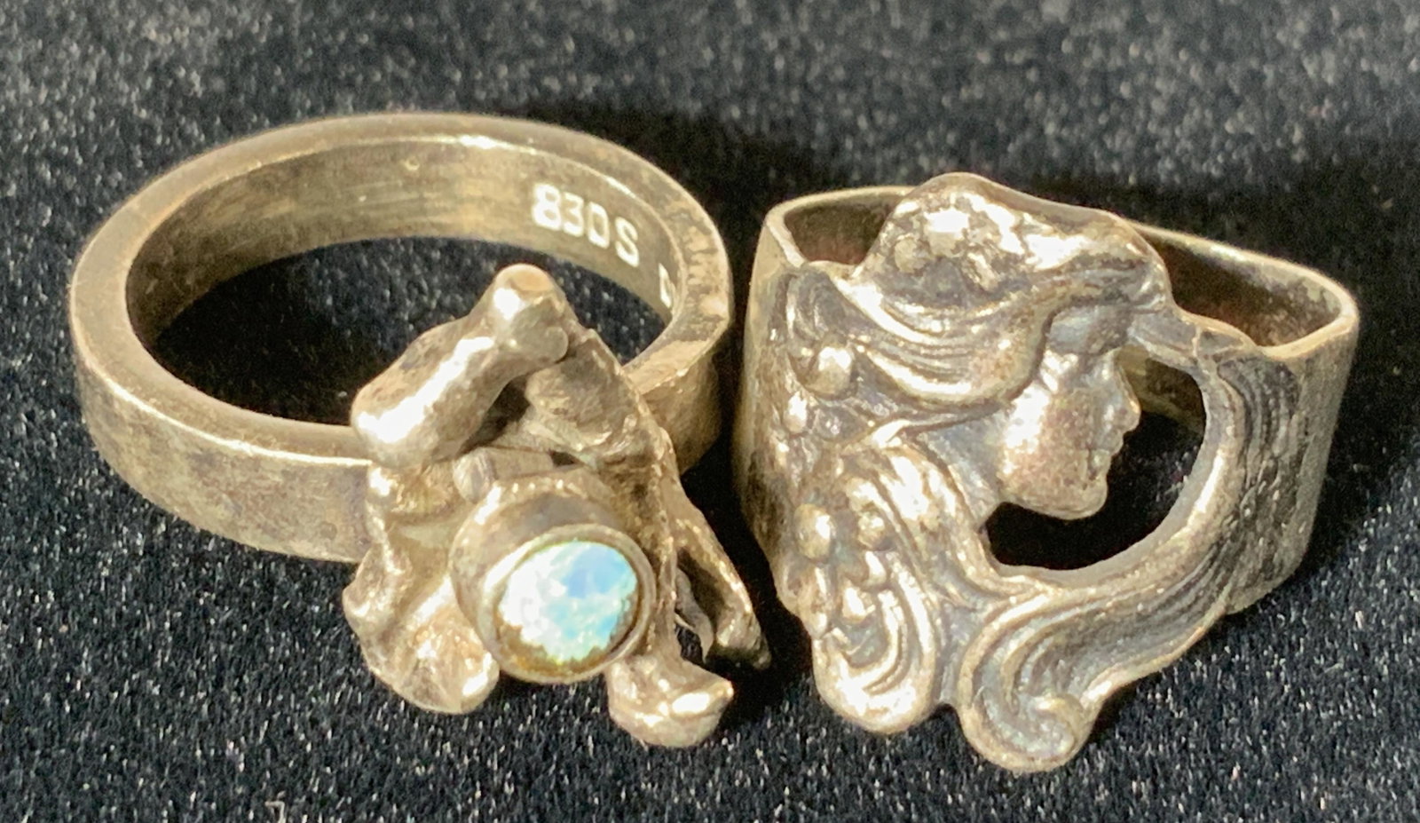 Grp 2 Sterling Silver Victorian & Sculptural Rings: Vintage Sterling silver rings- Victorian style mermaid profile embossed ring, size 5, Hallmarked Sterling. White metal sculptural ring with modernist brutalist features, center abalone, ring Hallmarke