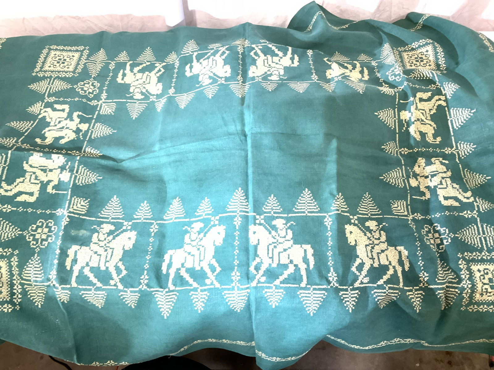 Lot 5 Collectible Cotton & Linen Table Cloths: 61 x 49 in. Tablecloth cross stitch folk art pattern handmade on green linen with light yellow thread. Neatly pressed. Tea towel Irish Linen of Bank of Britain One Pound , neatly pressed, appears neve