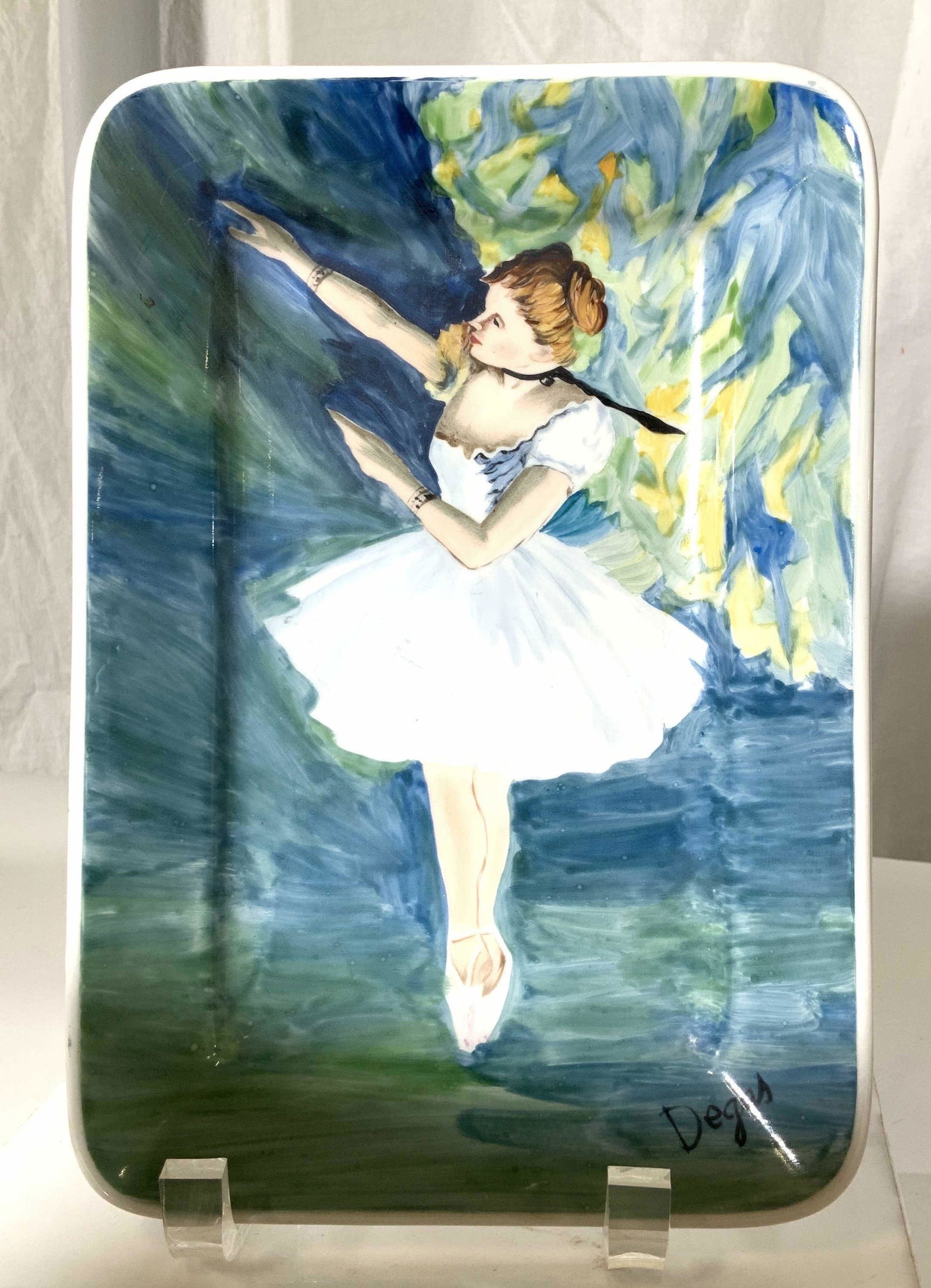 Hand Painted Ceramic Ballerina, After Degas, Spain: Hand painted Trinket dish made of porcelain, signed lower right ‘DEGAS’. Backside marked by hand, reads ‘ Made in Spain-Hand Painted- Apres Degas’ extra hallmark possibly by artist, reads Su-R