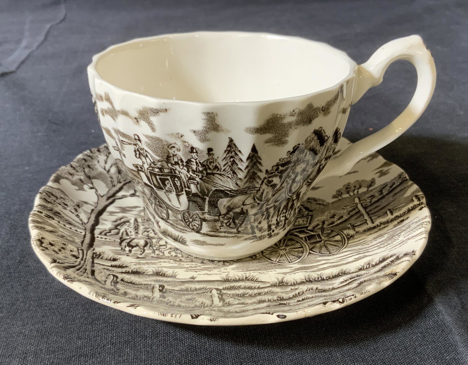 Vintage ROYAL MAIL Ironstone Teacup & Saucer: Vintage ROYAL MAIL Ironstone Teacup & Saucer, stamp reads ‘Royal Mail Fine Staffordshire Ironstone All Permanent Colors Made in England’, teacup measures 2 5/8 inches tall x 3 1/2 inches in diamet