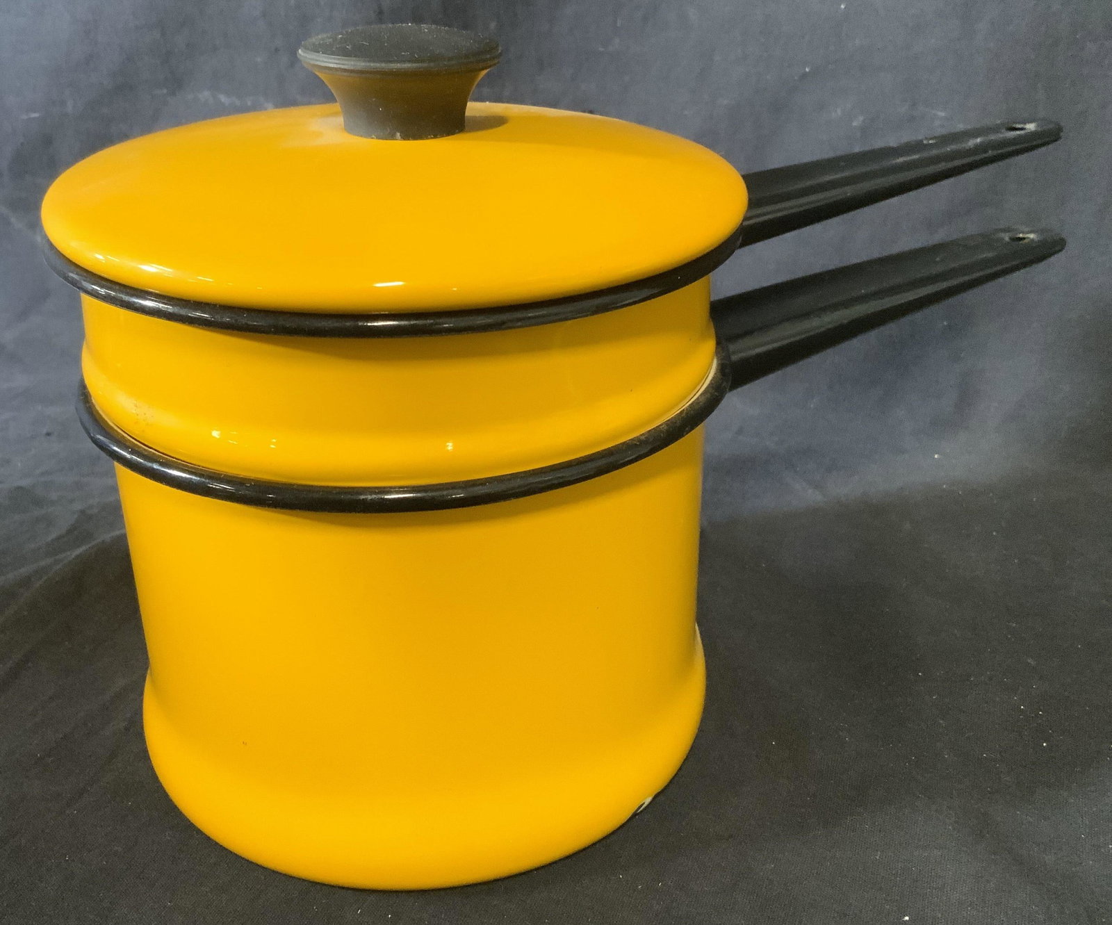 Vintage Enameled Double Boiler: Vintage double boiler, enameled. Colored in honey-yellow tones. Largest piece measures 4.25 inches H, and 11.25 inches W. Wear is consistent with age and use. kitchenalia, kitchen collectibles, retro 
