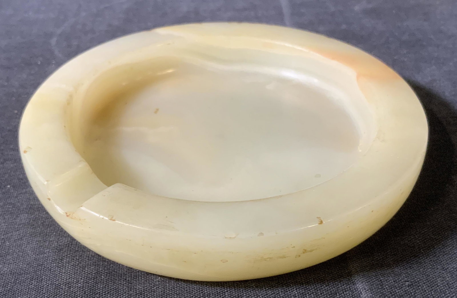 Stone Ashtray, Belgium: Stone Ashtray, Belgium, inscription to base reads ‘Belgium’, measures 4 3/4 inches in diameter, some chips and surface wear to stone, Stone, ashtray, dish, trinket dish, decorative arts, tabletop 