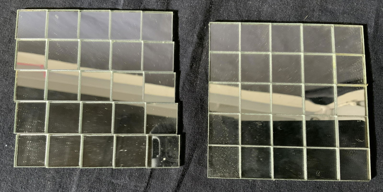 Vintage TOMORROW DESIGNS Mirrored Coasters: Lot includes four coasters. Each is glass, underside is lined with fabric. Label on box top reads as TOMORROW DESIGNS, LIMITED, NEW YORK, NEW YORK. EACH COASTER MEASURES APPROX 3.5 inches x 3.5 inches