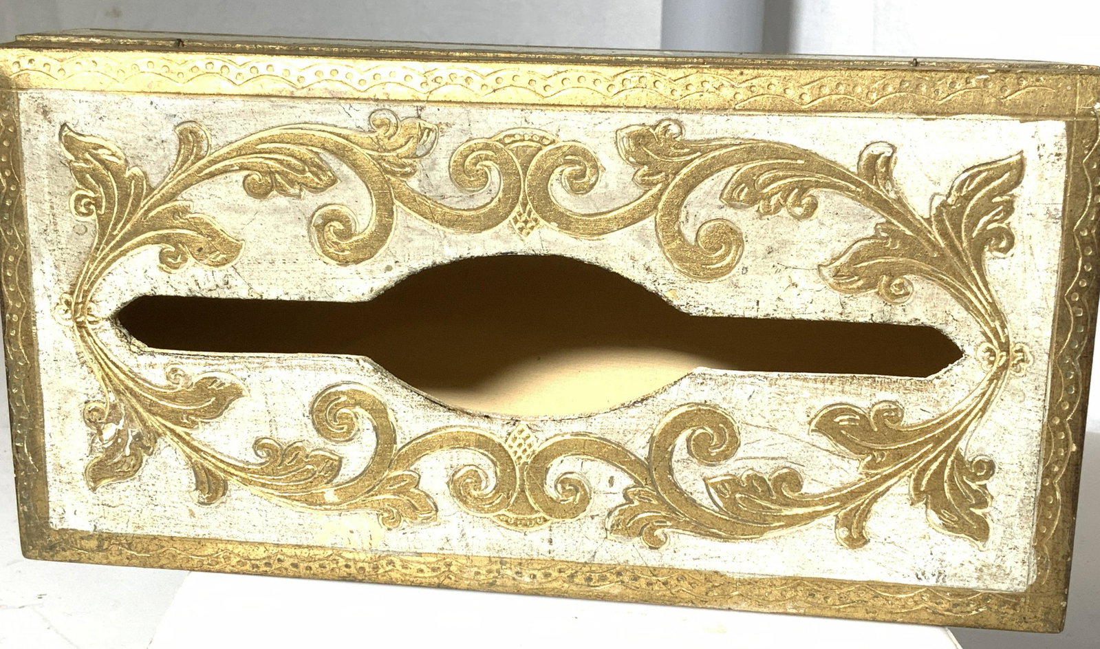 Vintage Gold Leaf Venetian Tissue Box Cover, Italy: Hand decorated wood tissue box cover for standard long tissue box. White wash and gold leaf , Venetian touches, hinged lid, label sticker on verso reads A Decorative Craft- FLORENTIA HAND MADE IN ITAL