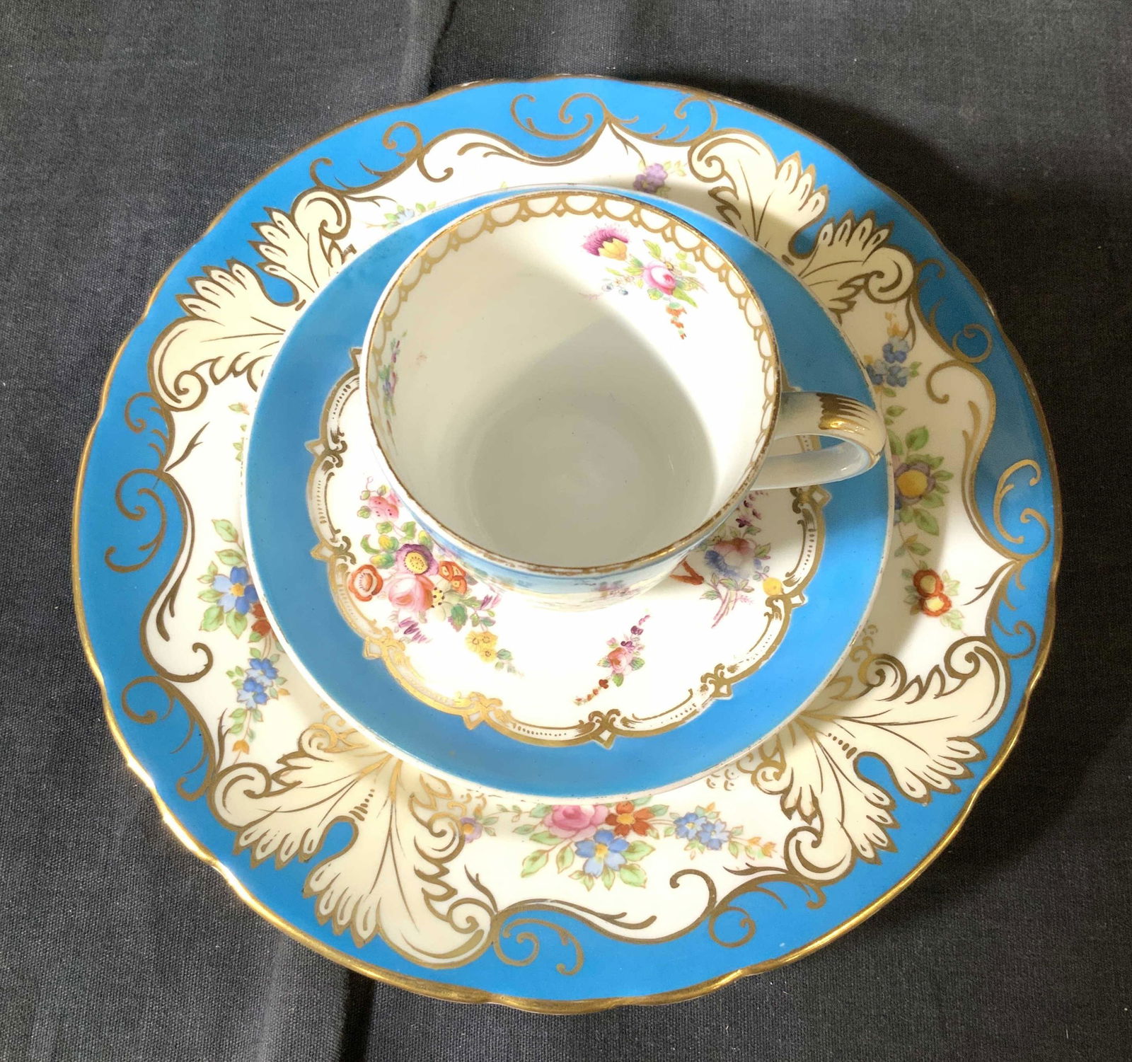 Coordinating Set 3 Porcelain Tea Plates for 1: Victorian motif tea cup and matching saucer with coordinating plate that is Hallmarked TUSCAN FINE ENGLISH BONE CHINA MADE IN ENGLAND. Plate is 8 in. , beautifully hand painted with no wear. Saucer ha