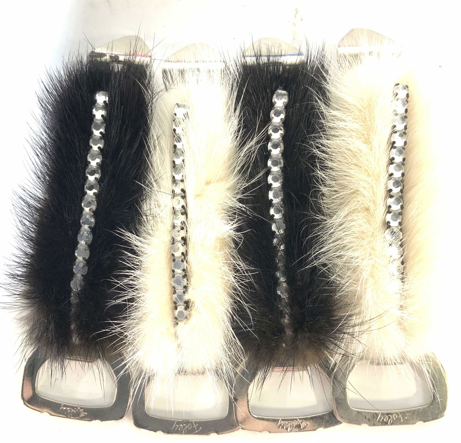 Lot 4 Vintage FOLEY Can Openers w Mink Fur: Mid century Yellow Handle Celluloid Foley Bottle and Can Openers adorned with White or brown mink fur and rhinestone decor. An added decor for a formal party celebration. 5.5 in long. Property of Manh