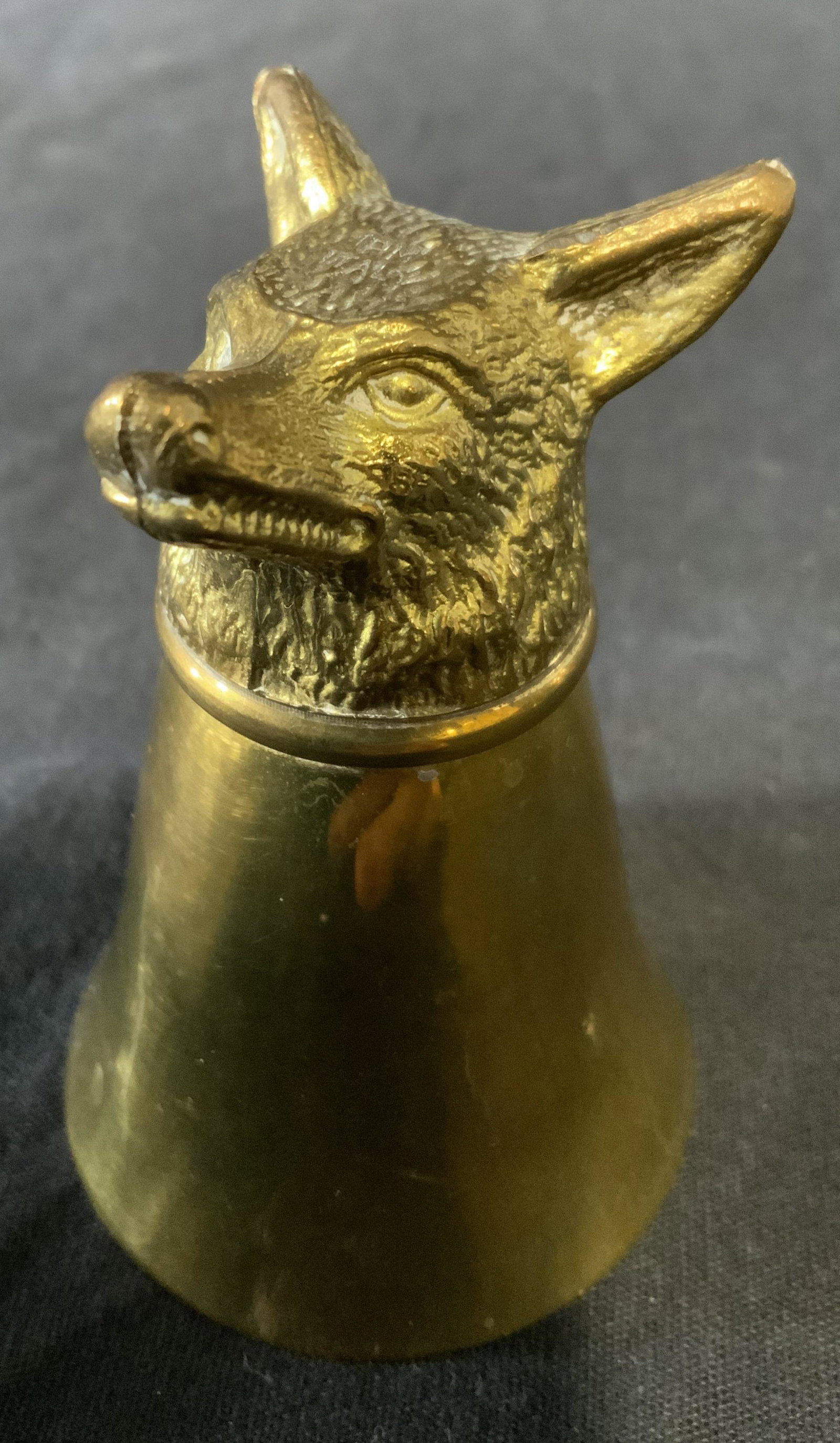 Lot 3 Vintage Bar Accessories, Stirrup Cup, More: Lot includes 2 jiggers, and a cup. The base of one of the jiggers resembles a dogs head. The underside of the cup reads as SHARDA MADE IN INDIA STAINLESS STEEL. The double-ended jigger is monogrammed 