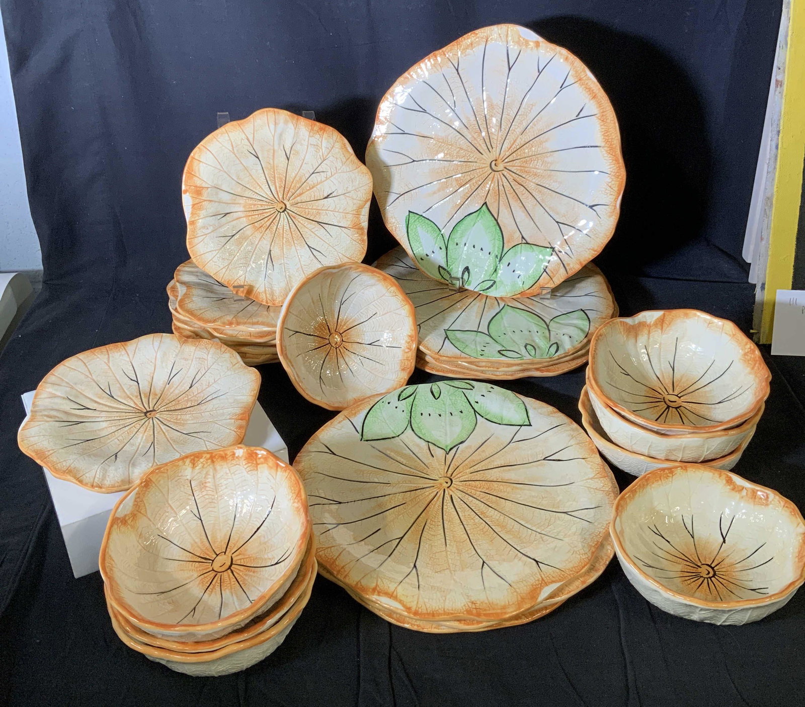 Set 24 Hand Painted Majolica Tableware, ITALY: Decorative Ceramic Set, handmade by artisans of Italy. Beautiful set can be used for breakfast, lunch or dinner, served out on the patio or under lights in a garden. These ceramic Majolica are very th
