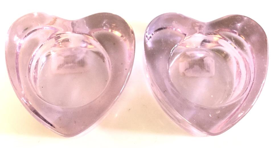 Pair Pink Toned Art Glass Candle Holders: Lot includes 2 Candle Holders. Each are pink toned and heart shaped. Each measures approx 3 inches wide 1.25 inches tall. glassware, tableware, tabletop decor 6