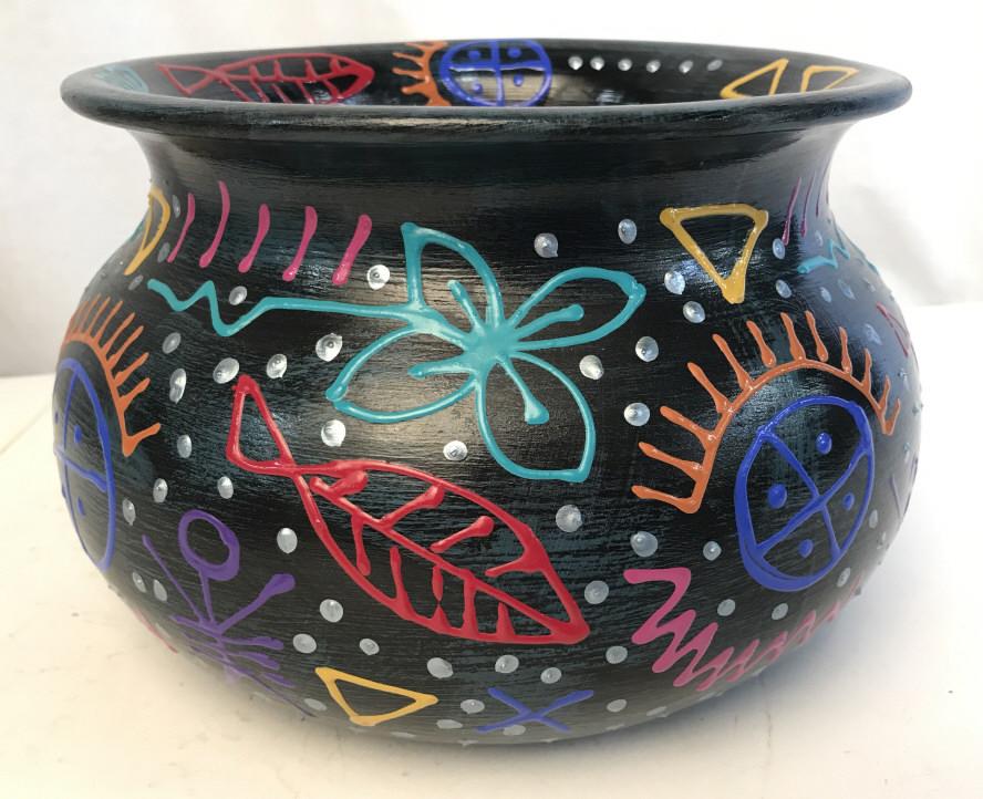 Vintage 1994 Pottery Art Vessel W Studio Label: Vintage 1994 ceramic studio art planter. Exterior has multi-color shapes and symbols against a dark blue/black ground. Interior has sticker label for RAG ART Studio, along with illegible signature. Pl