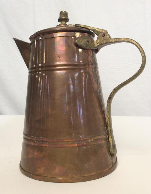Copper Water Canister Tankard Pitcher: Copper Water Canister Tankard, 10 1/2 in x 10 in at widest point, possibly antique, with brass toned handle, some tarnish, Copper Collectibles, Copper Kitchenware, Copper Tableware, Copper Decorative 