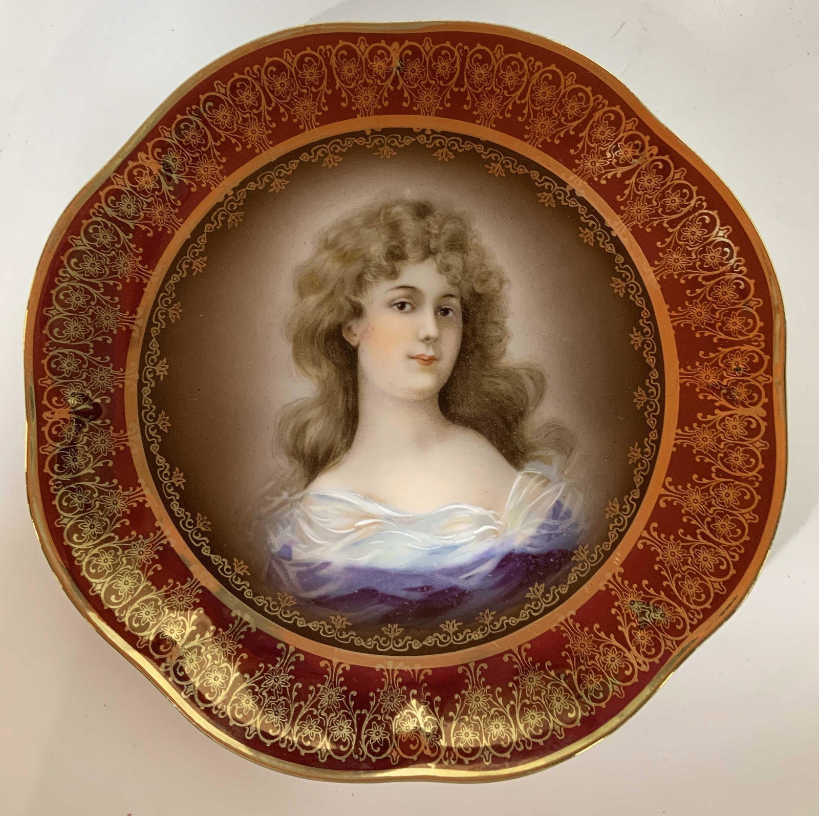 Royal Vienna Vintage Painted Porcelain Plate: Cranberry and gold wide border with center portrait, collectible porcelain, tableware, measures diameter app 8 inches