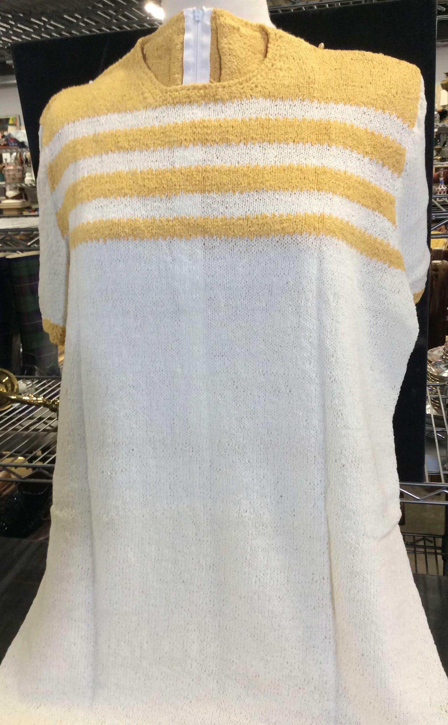 Lot 3 Woven Ladies Knitwear, Vintage: Quicker Factory Acrylic Off White mock turtleneck, light sequins, size Med. vintage clothing consists or short sleeve knit slip dress, Upper mustard color stripes, soft hand, possibly acrylic, Sz M. P