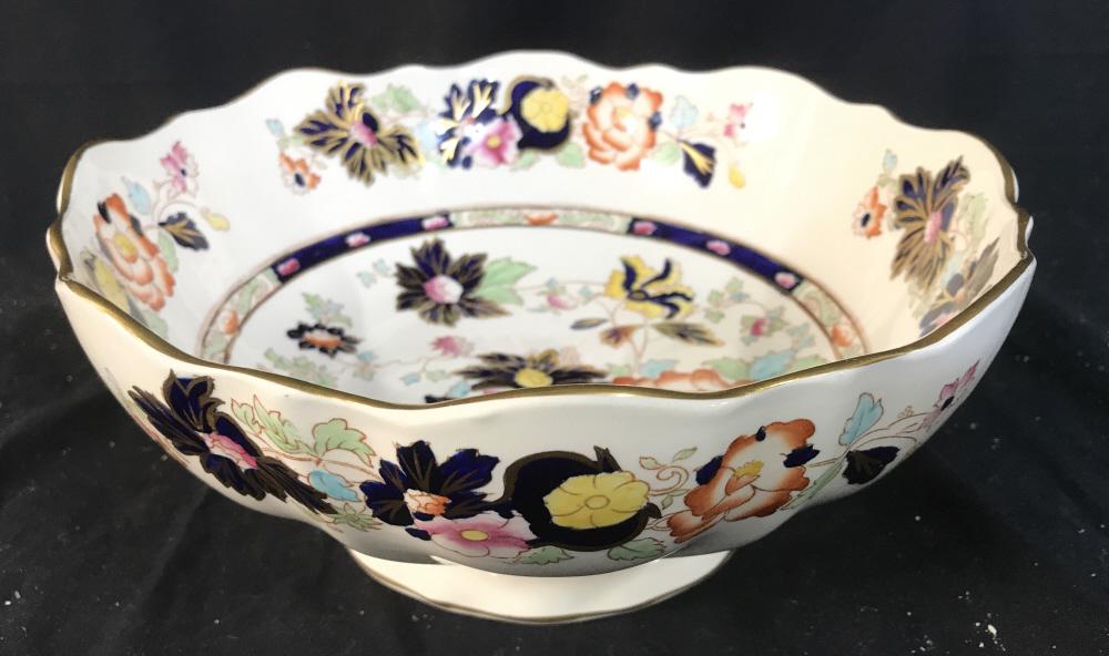 Vintage MASONS Footed Porcelain Bowl: Underside is marked MASONS IRONSTONE CHINA ENGLAND. Bowl is vintage possibly antique. Contains intricate multi toned floral and leaf detail. Pedestaled Bowl, China Bowl, Porcelain Bowl, Centerpiece, c