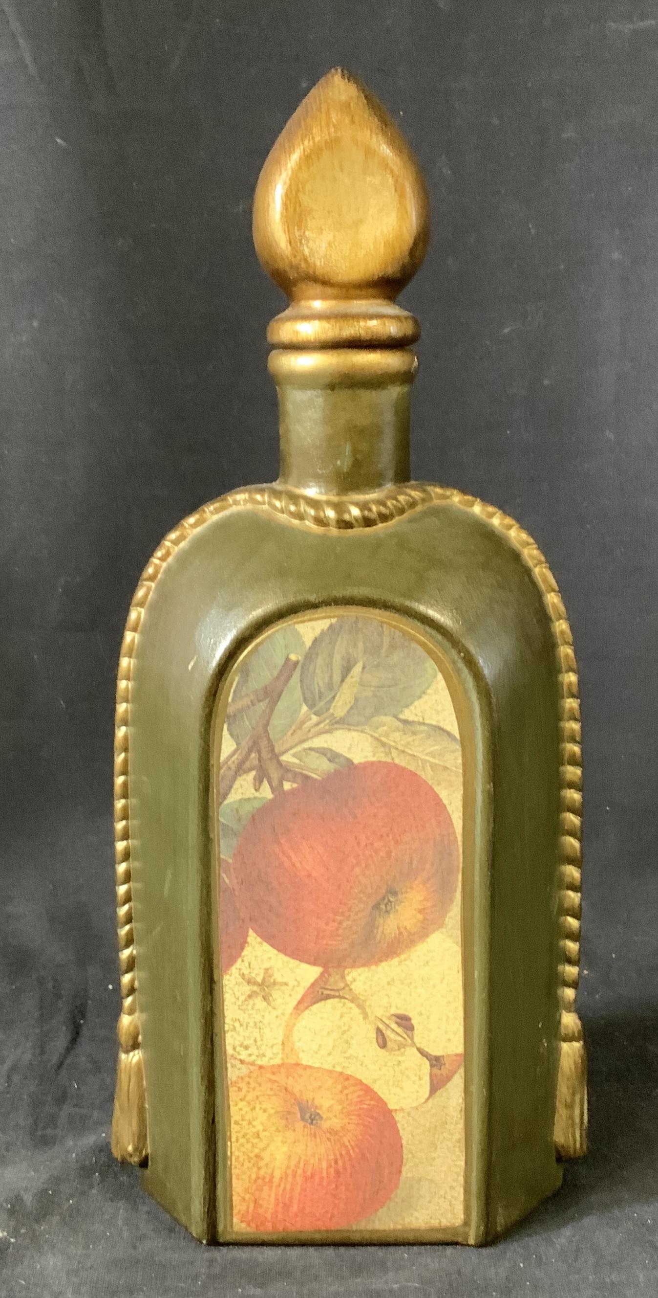 Italian Porcelain Bottle: Italian porcelain bottle with removable lid with cork, painted green and gold, features painted array of fruits and grain motif on back, Tassel design at sides, Sticker at base reads ‘Made in Italy�