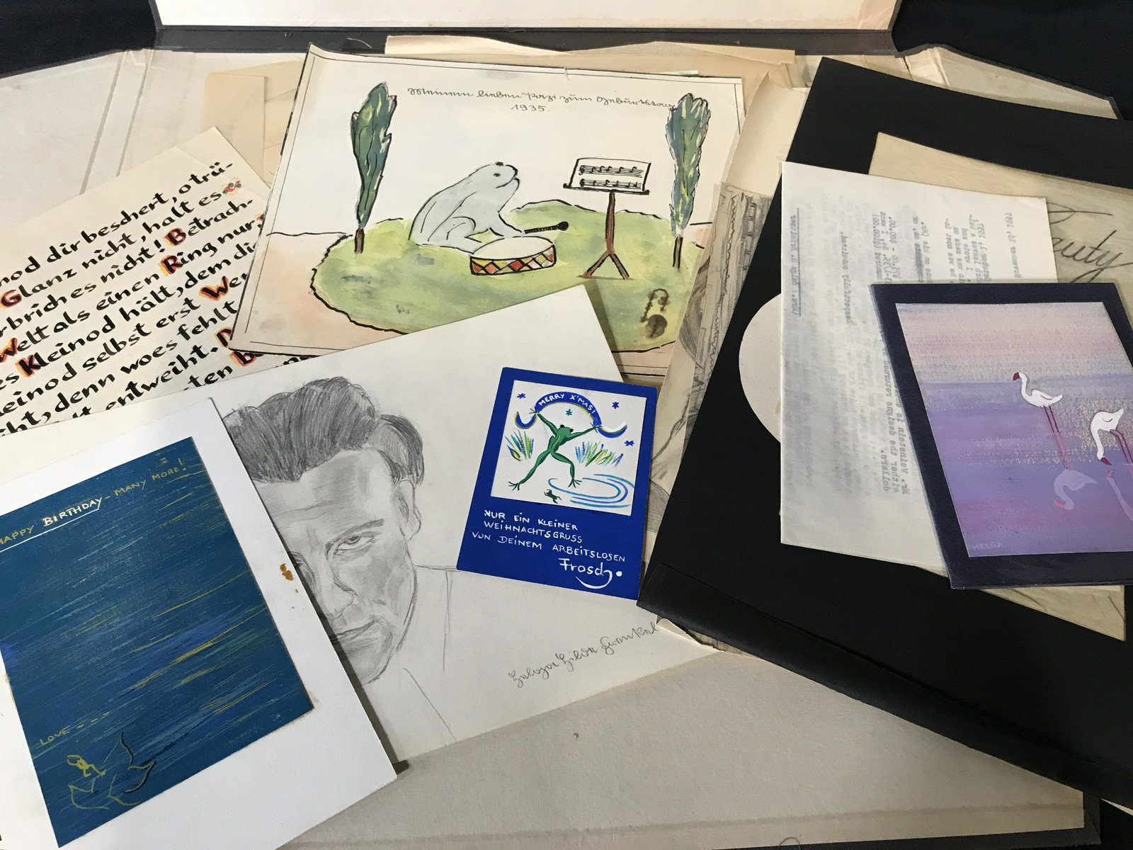 Signed Collection of Sketches and Ephemera: Signed Collection Of sketches and ephemera, signature repeated on multiple documents Helga Brinitzer, collection in brown portfolio with Asian designs and text on the cover, purple strings are availab