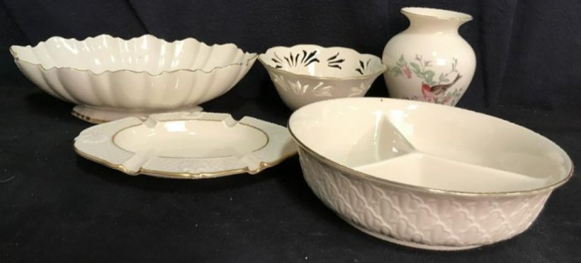 Group Lot Vintage LENOX Porcelain: Vintage Lenox porcelain, all in good condition, never used, vintage pieces including footed porcelain bowl ht 3 inches, length 10.5 inches, width 7 inches, sectioned serving bowl, vase with bird and f