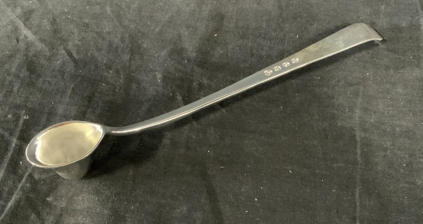 Gerity Silver Plated Candle Snuffer: Gerity silver plated candle snuffer with elongated handle, comes with silver cloth bag, original box, and care instructions, inscription on handle reads ‘G48’, measures 9 7/8 inches x 1 1/8 inches