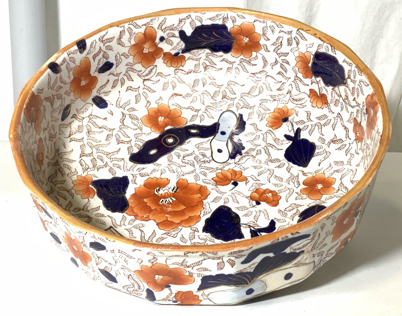 CHINESE IMARI IRONSTONE CENTERPIECE: Vintage hand painted Chinese Ironstone Basin, use for table centerpiece, stamped on verso ‘Ironstone - China’ # 8 and #2. 4.75 in ht. App 14 in diameter. No surface issues. This item was generousl