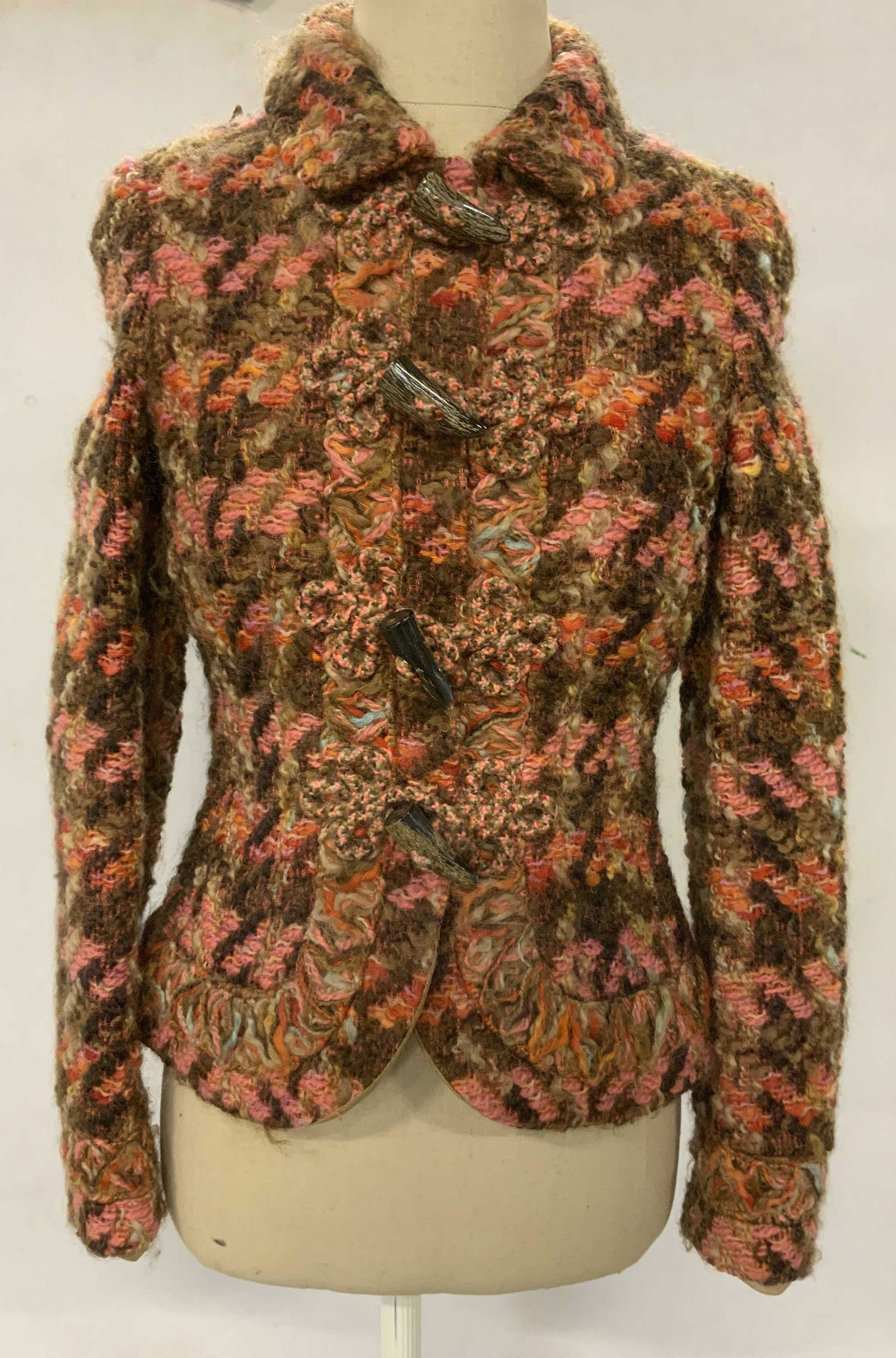 JOY PHILBIN RENA LANGE Wool & Silk Jacket: JOY PHILBIN RENA LANGE Wool & Silk Jacket, labels read ‘Rena Lange US 4 Virgin Wool 69% Silk 31% Lining cupronickel 100%‘, a multicolored jacket with imitation horn tooth toggle buttons, some surf