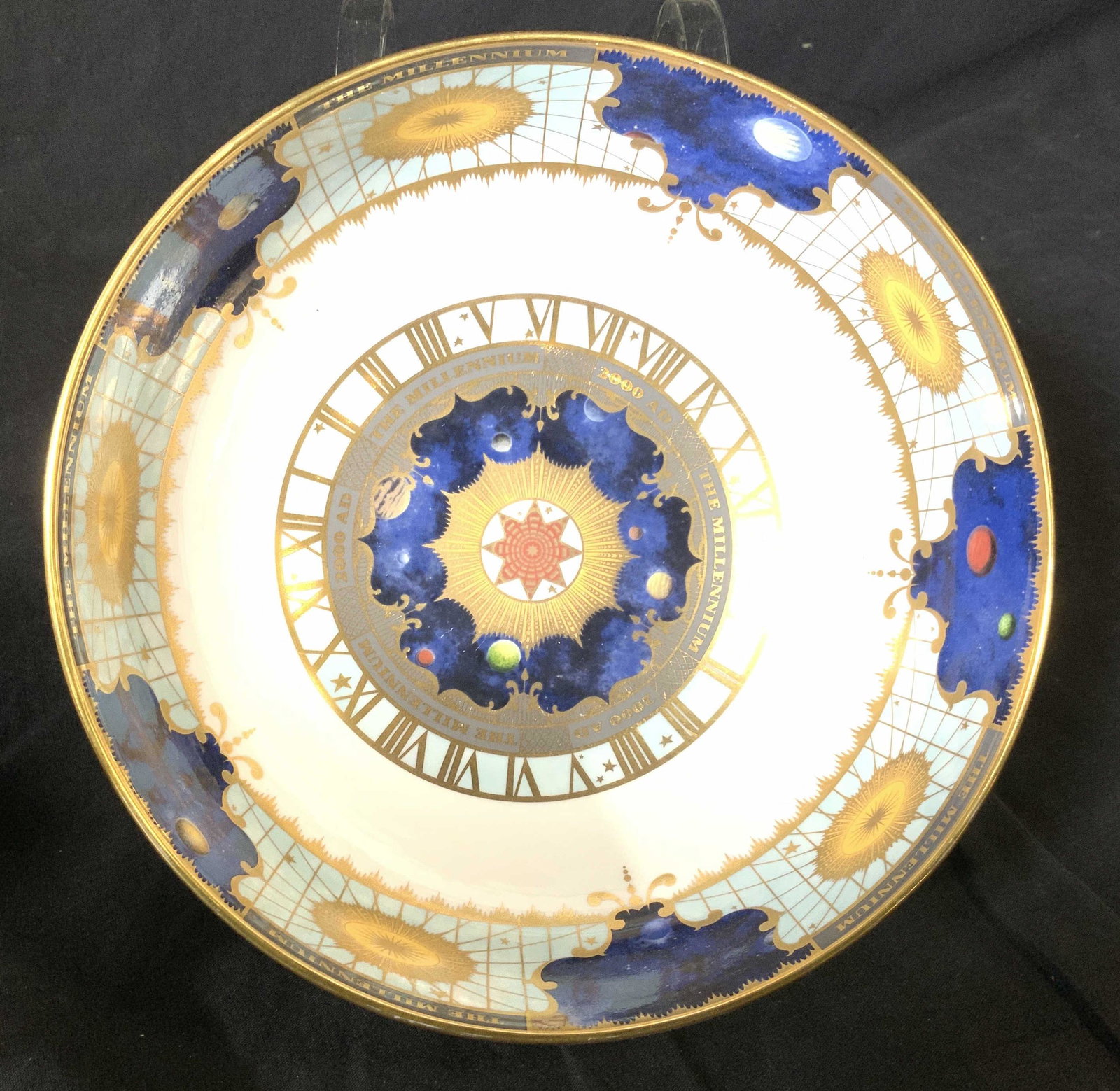 ROYAL WORCESTER THE MILLENNIUM Ceramic Bowl: A Royal Worcester Hand painted porcelain bowl Addition to celebrate the Millennium. Celestial and lunar motif with old word mapping style, Roman Numerals, and gilt all on white porcelain., Hallmarked 