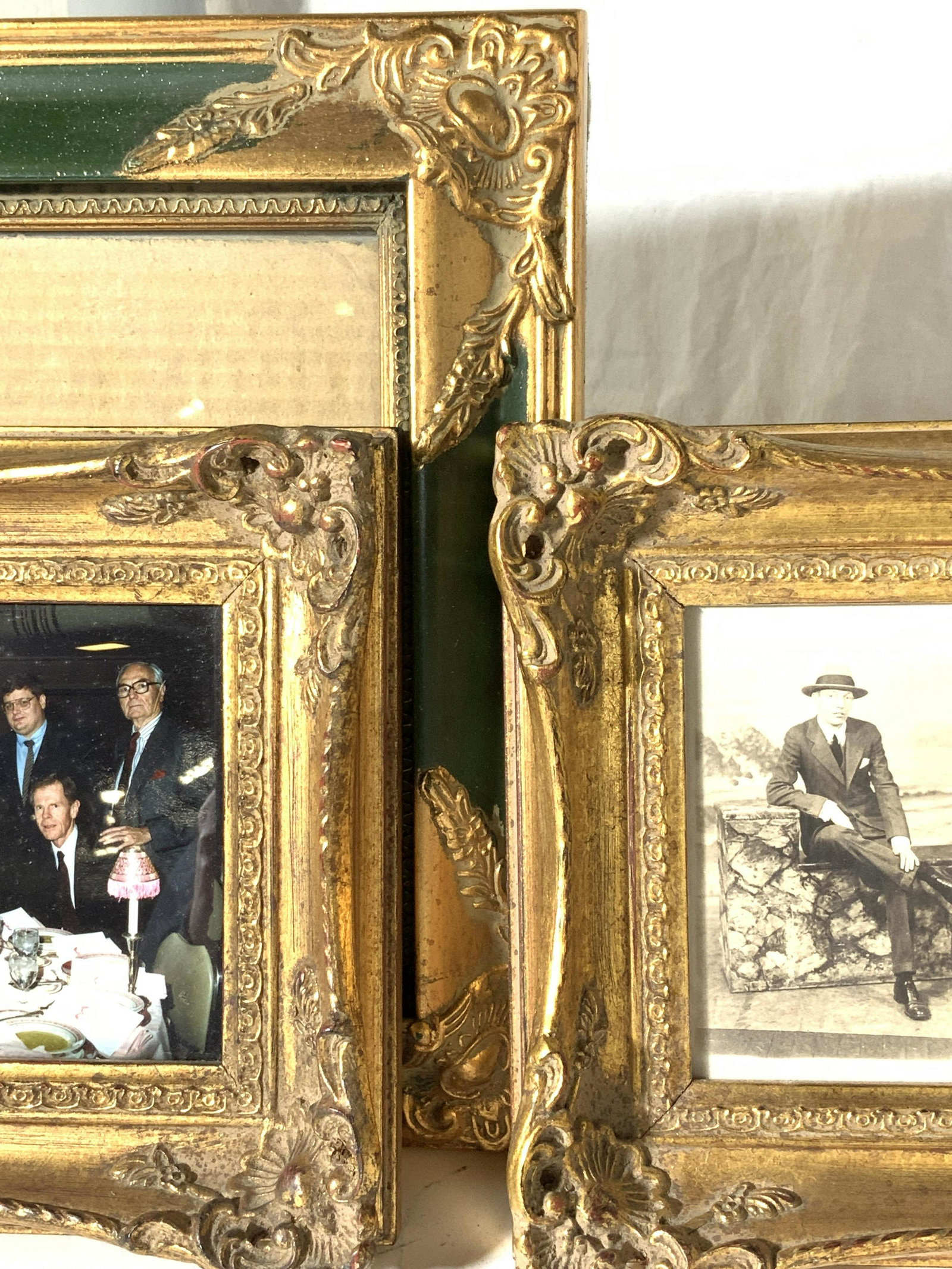 Group 3 GILT BAROQUE WALL ART FRAMES: Pair custom made wood gilt frames , picture size at least 6.25 x 4.5 in, professionally frames with handing hardware. Overall size 10 x 8 in, 1.5 in. Depth. Green and Gilt Rococo wood pre fab frame me
