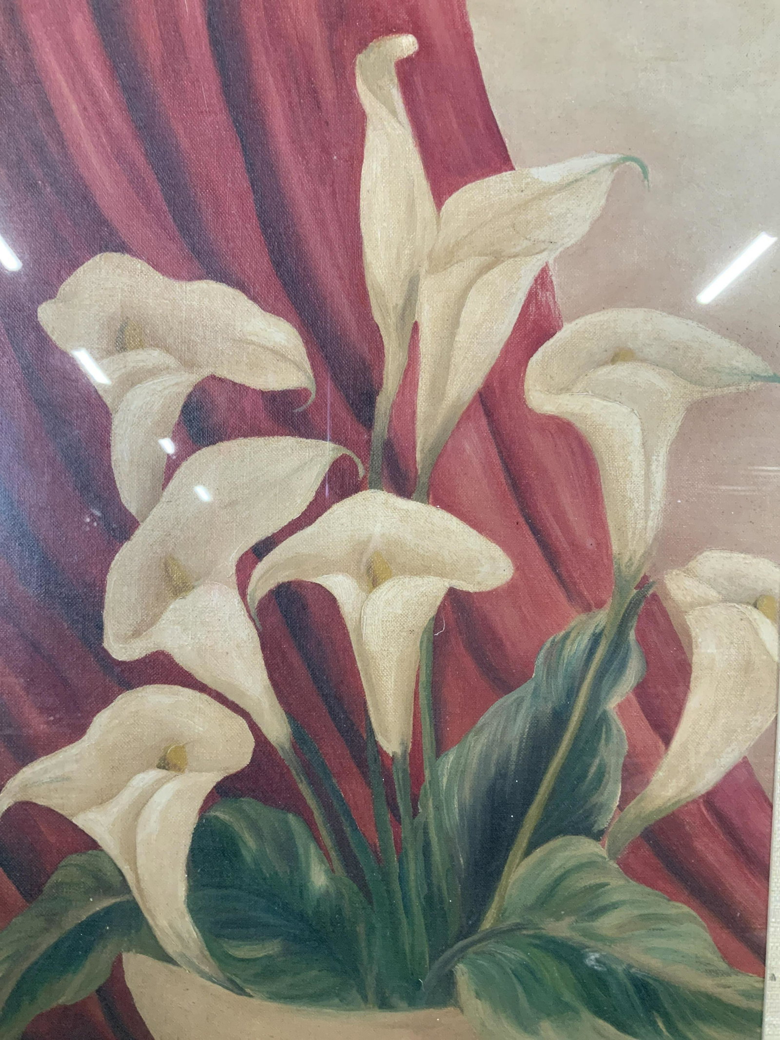 Calla Lillies Still Life Acrylic Painting: Calla Lillies Still Life Acrylic Painting, no apparent inscriptions or signatures, Not examined out of frame, subject flowers in a bowl, Measures 26 1/8 x 20 7/8 inches, black wooden frame, some chips