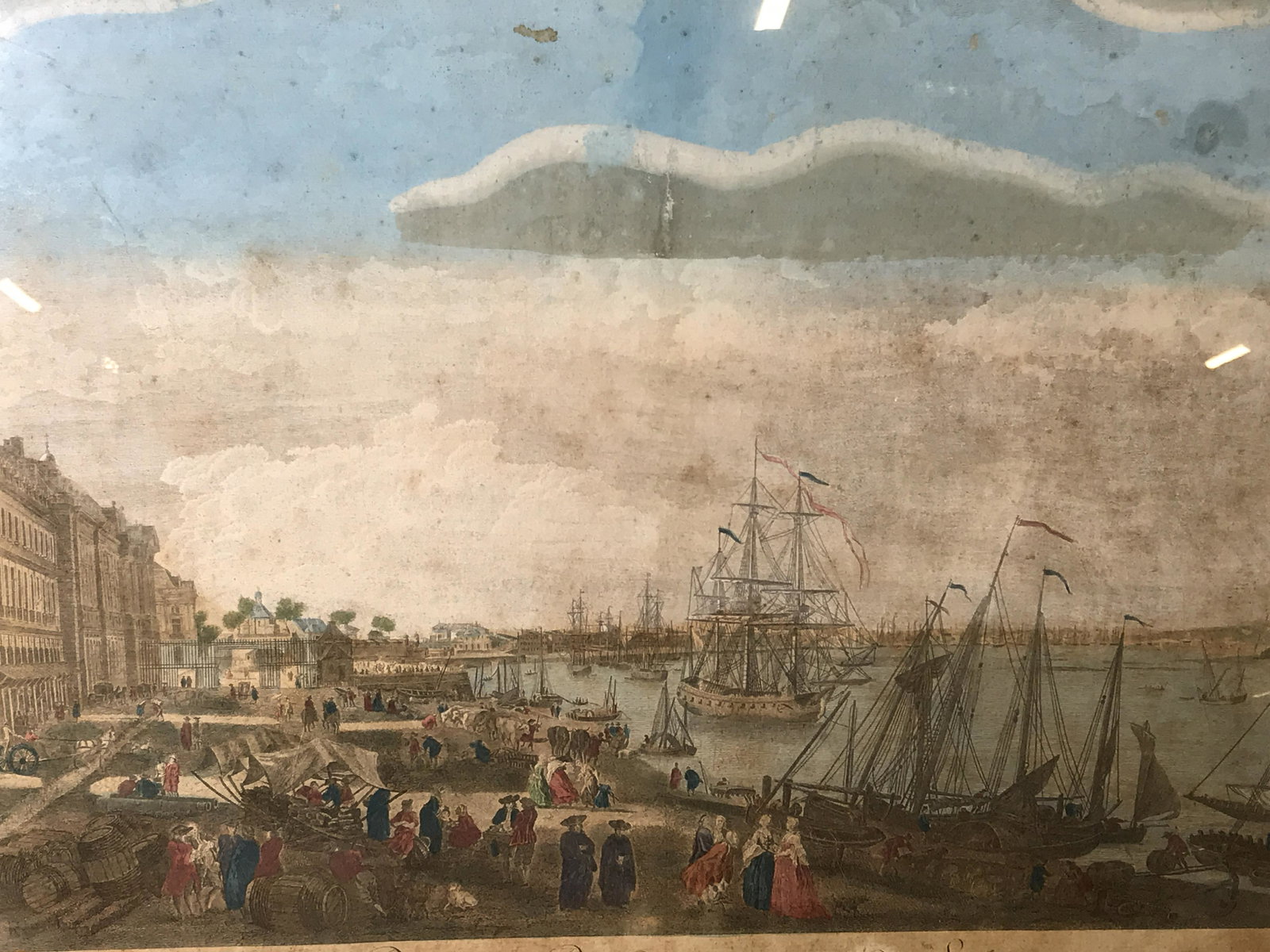 French Colonial Waterside Townscape Lithograph: French colonial waterside townscape lithograph, title to lower border reads ‘Vue du Port de Bordeaux du Côte Des Salinieres’, text to lower right corner reads ‘Corvit S’, text to lower left c