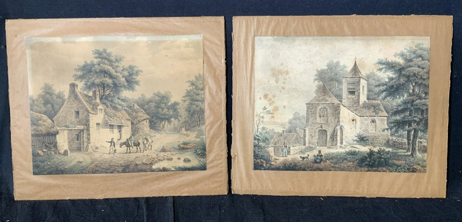 Pair CHARLES CLAUDE DELAYE Engravings: Pair CHARLES CLAUDE DELAYE hand colored Engravings, inscription to lower left of one piece reads ‘Delaye’, inscription to reverse reads ‘2402’, subject scenes of rural towns, both measure 10 1