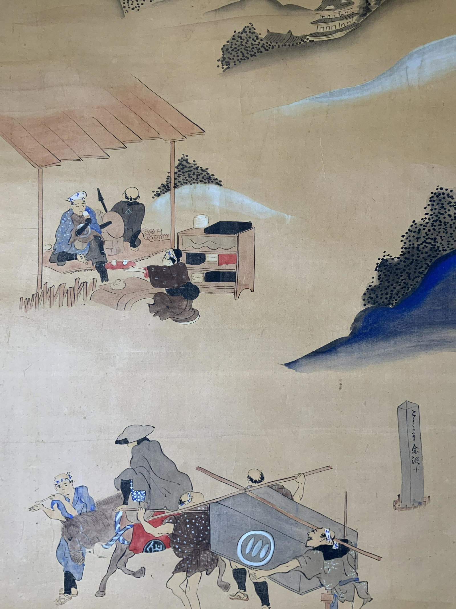 Japanese Ink Painting Scroll Artwork: Japanese Ink Painting Scroll, inscription to piece in Chinese characters, subject figures engaged in various activities near a distant landscape, measures 69 x 23 3/8 inches, some tears to edge of pie