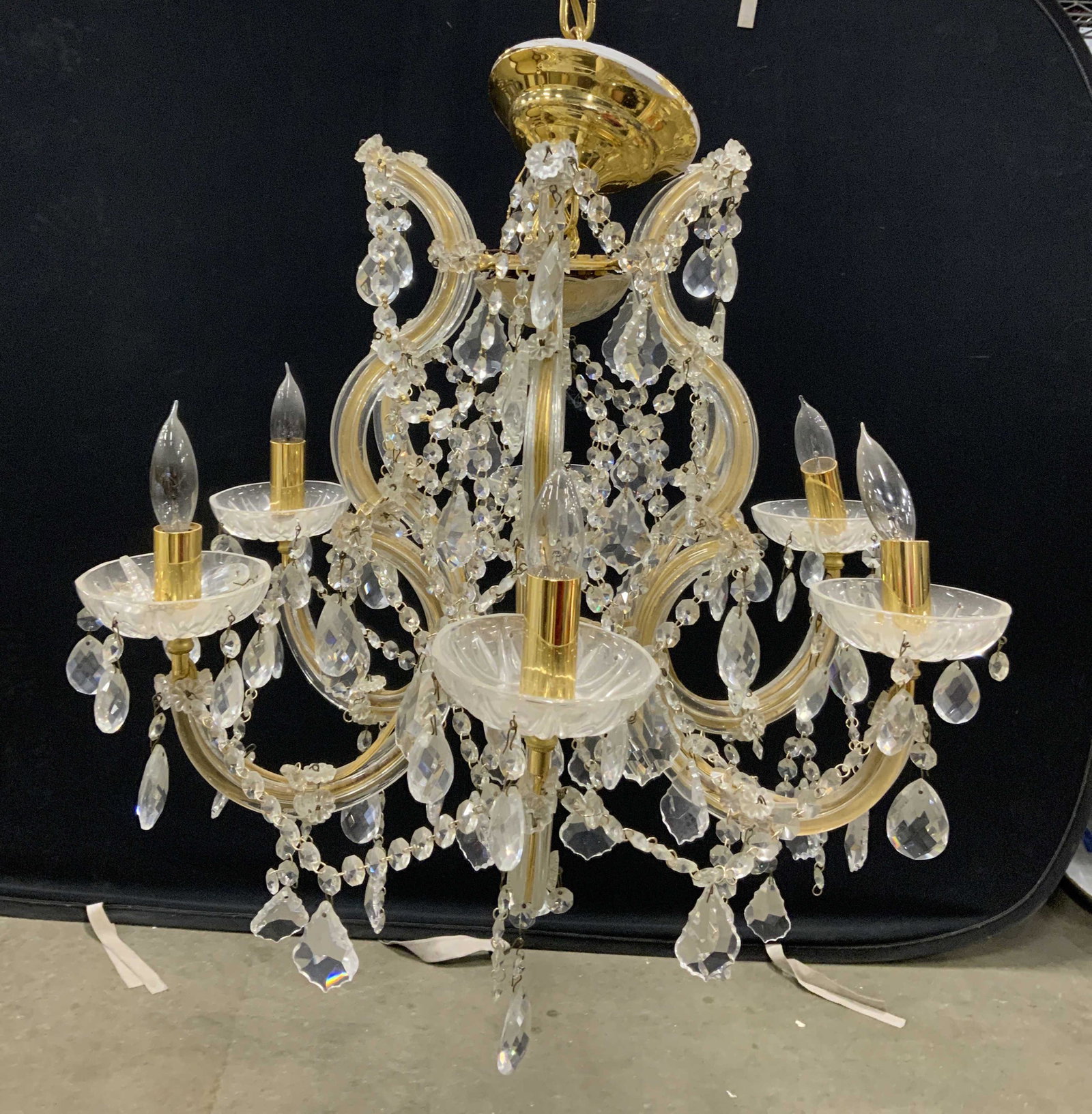 Vintage 6 Arm Crystal Chandelier W Shades, Prisms: Chandelier is vintage possibly antique. Piece has an assortment of variously shaped ornaments. Piece has 6 arms each with candlestick style bulb sockets. Chandelier Measures approximately 32 inches ta