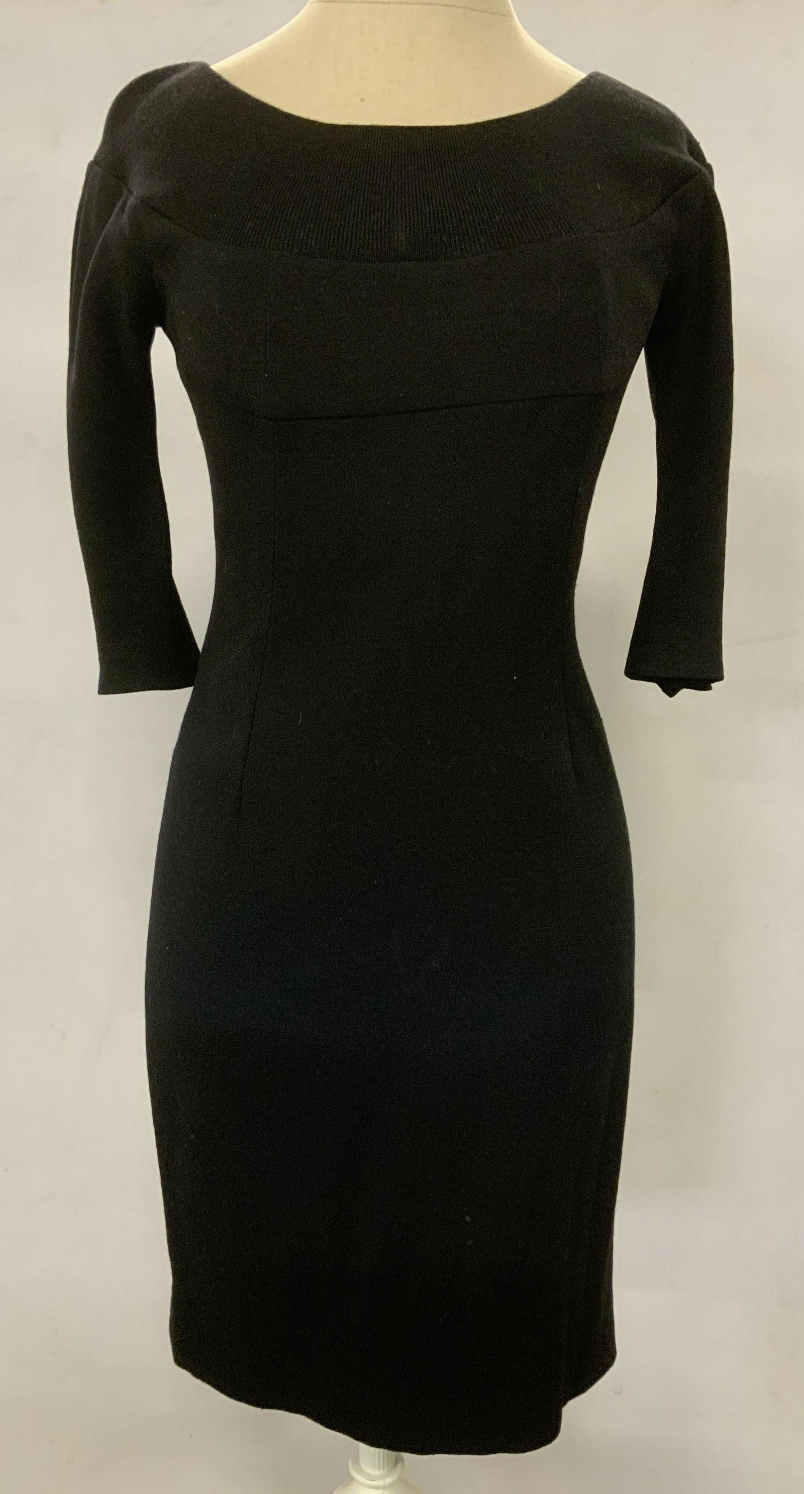 JOY PHILBIN GIO GUERRERI Sheath Dress: JOY PHILBIN GIO GUERRERI Sheath Dress, label reads ‘GIO Guerreri’ and ‘42’, reminder of label illegible, a fitted black dress with zippers to the sleeves, some minor holes to fabric and loose
